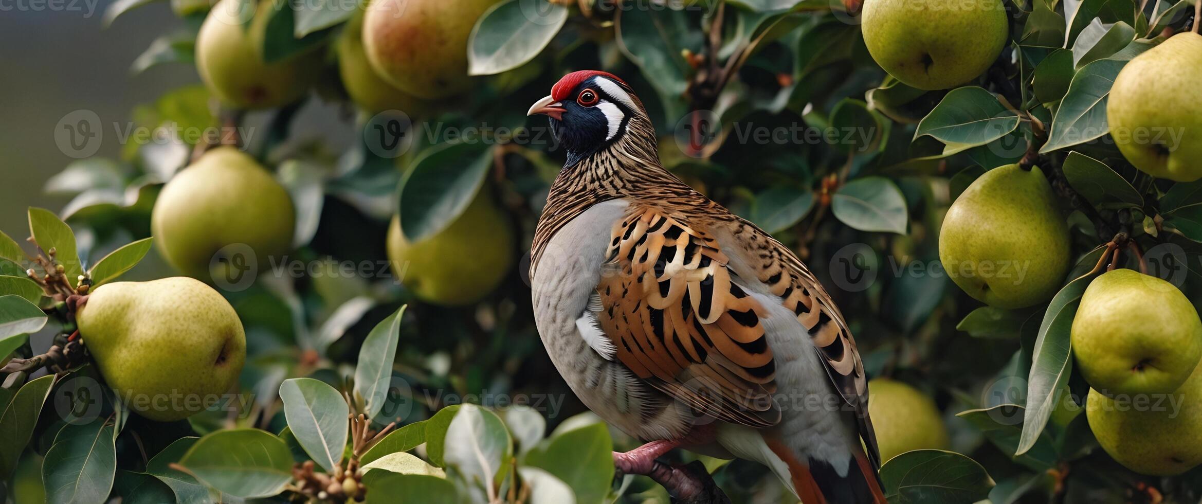 A bird is sitting on top of a tree with apples photo