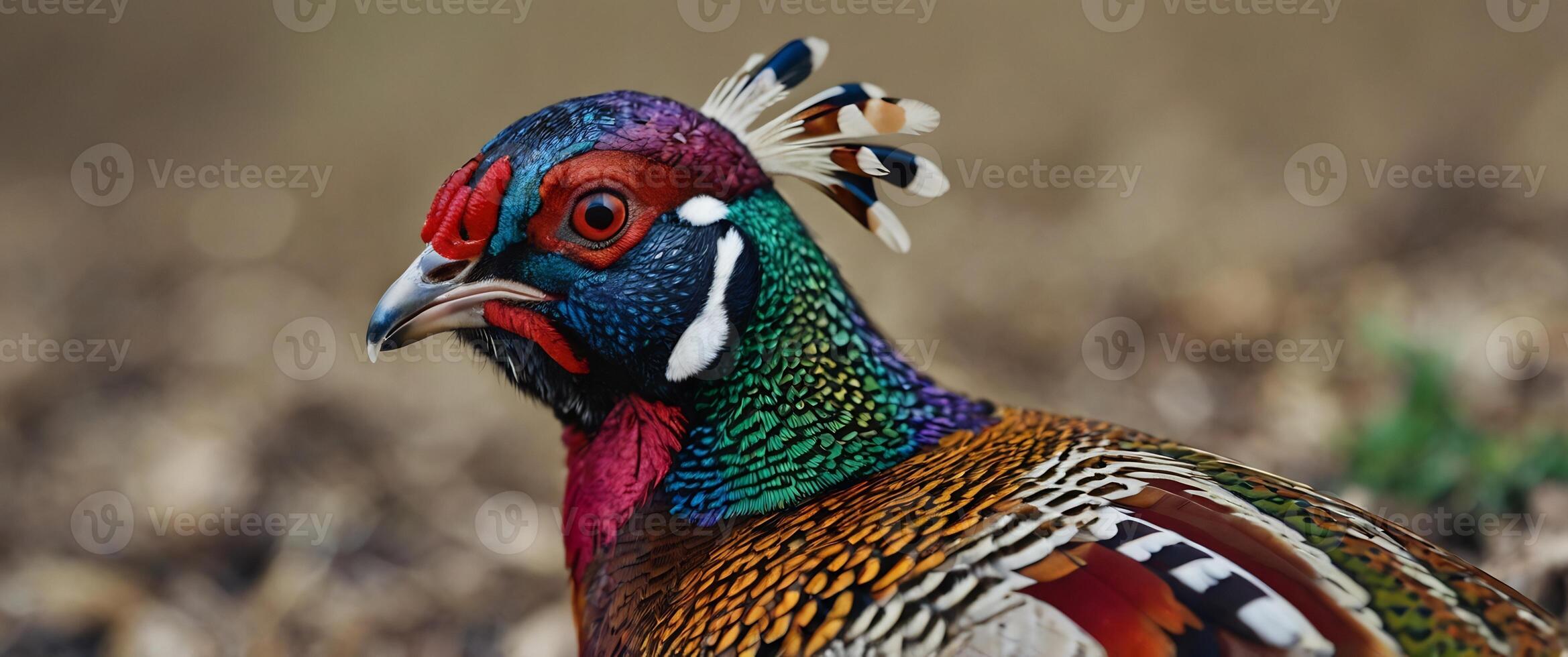 A colorful pheasant with a red, green, and blue head photo