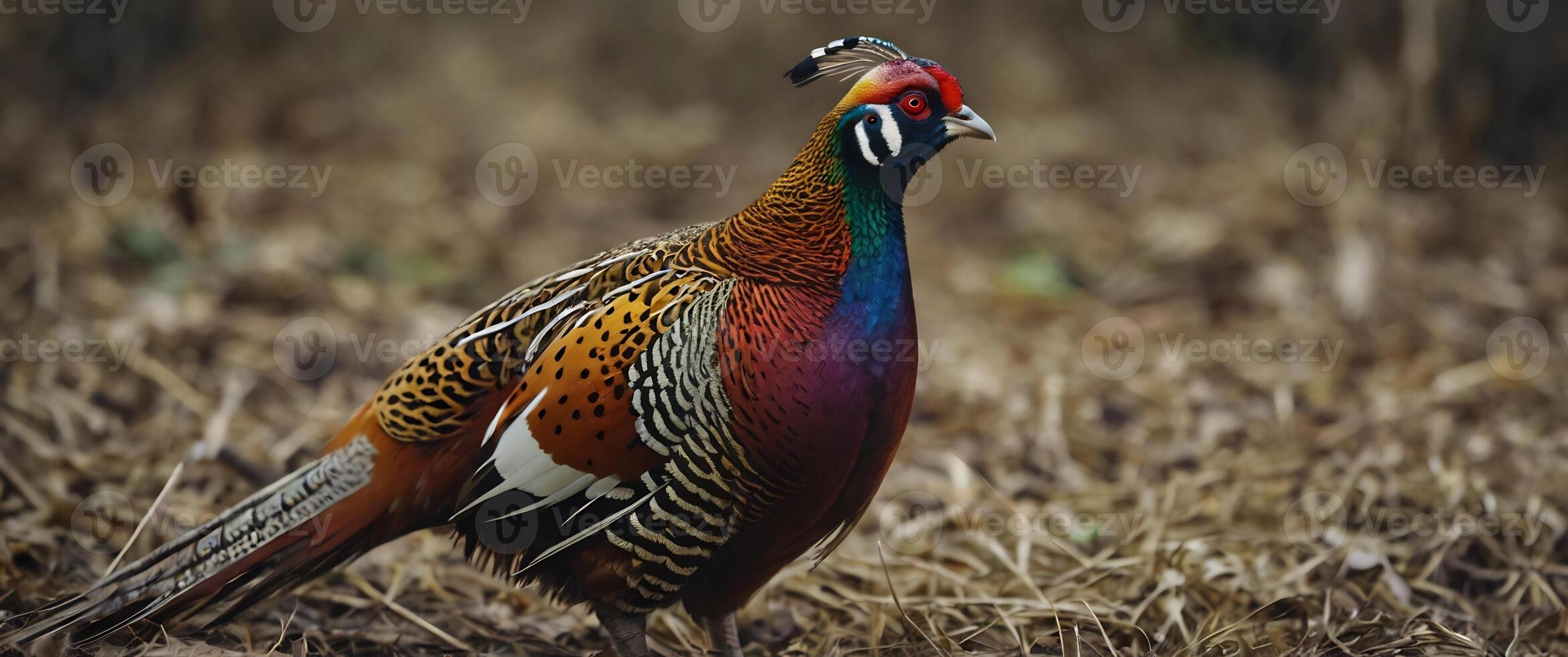 A colorful pheasant standing in the grass photo