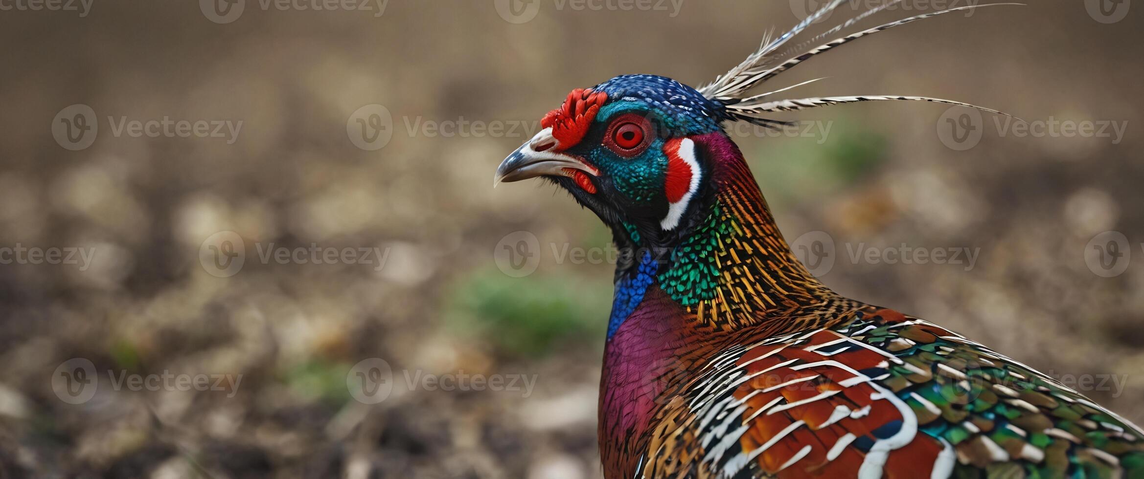 A colorful pheasant is standing in a field photo