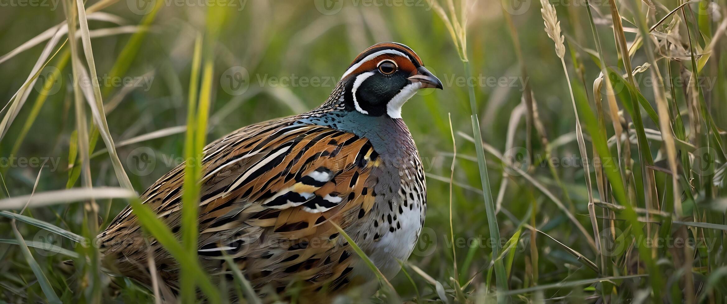 A bird is standing in tall grass photo