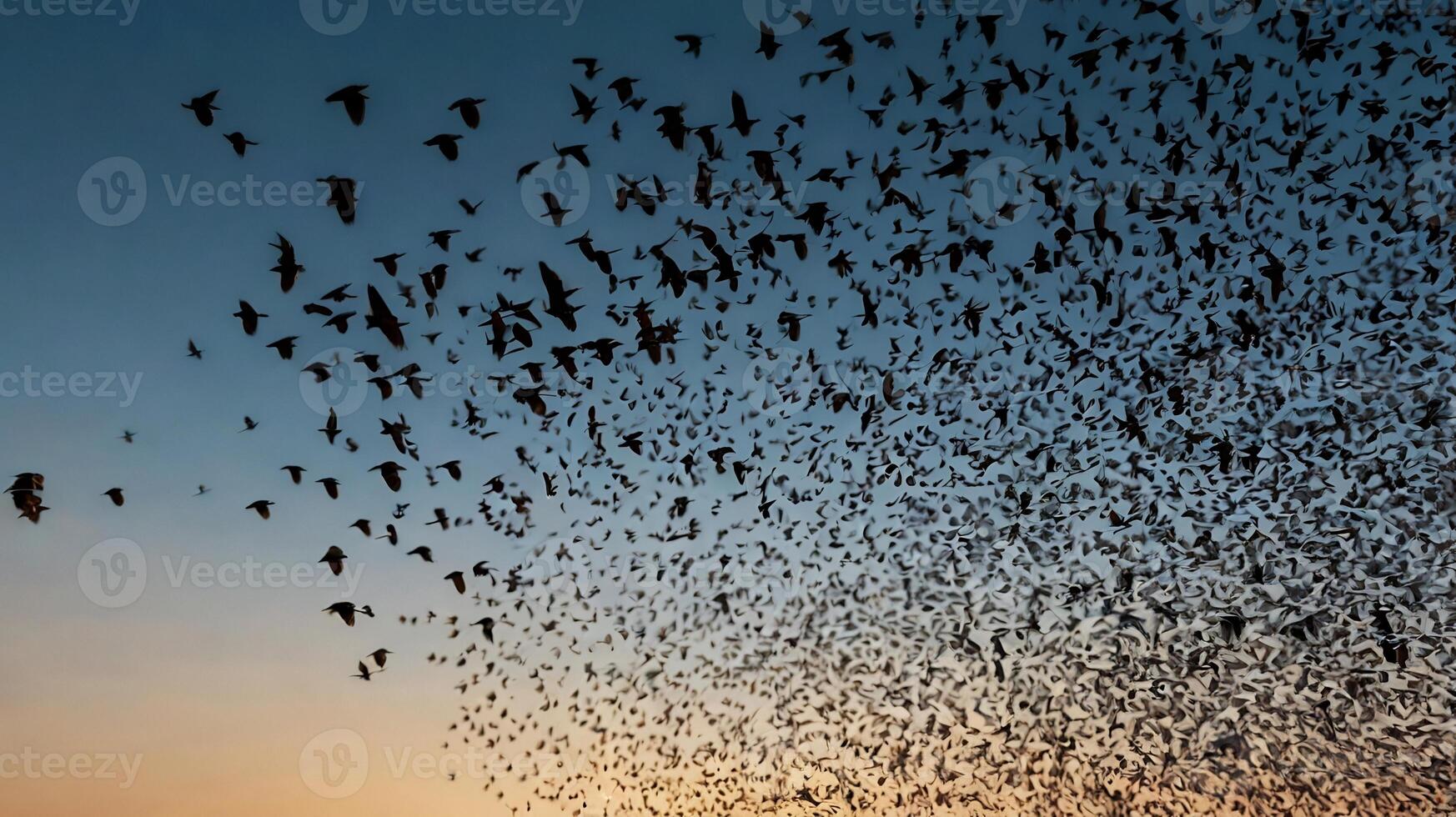 A flock of birds flying over a field at sunset photo
