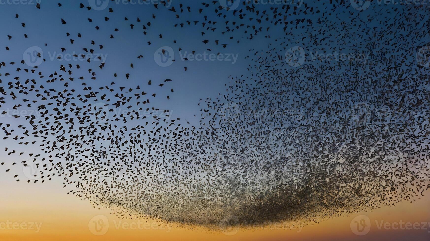 A flock of birds flying over the ocean at sunset photo