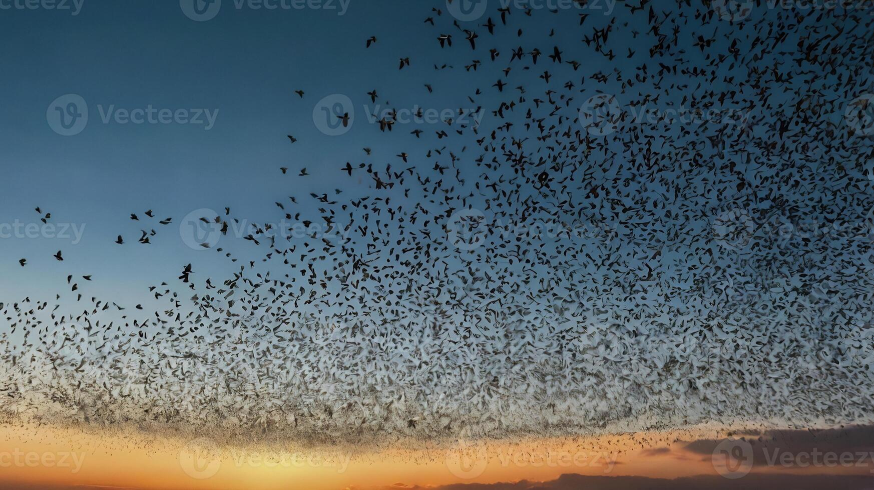 A flock of birds flying over the ocean at sunset photo