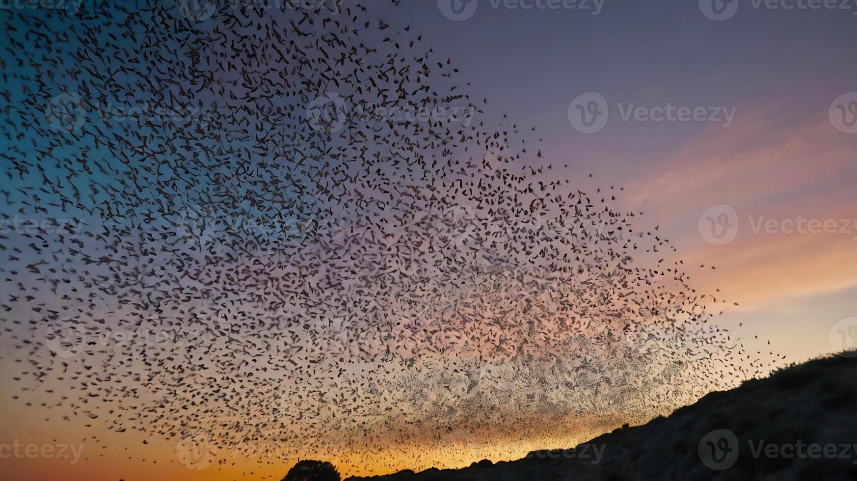 A large flock of bats fly over a hill photo