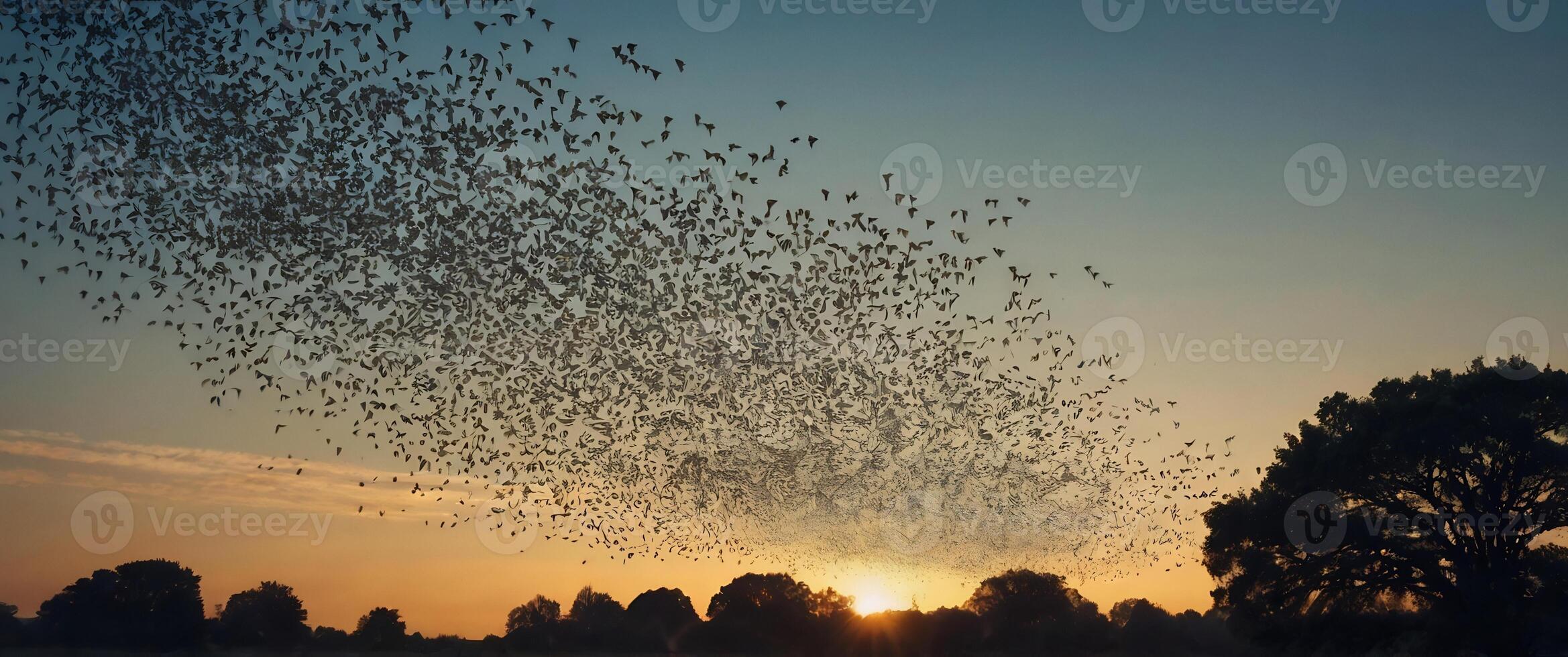 A flock of bats fly over a field at sunset photo