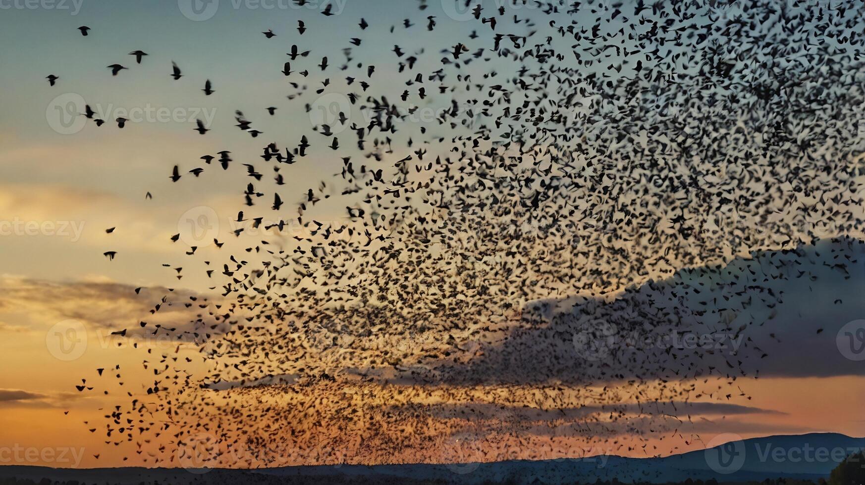 A flock of birds flying over a field at sunset photo