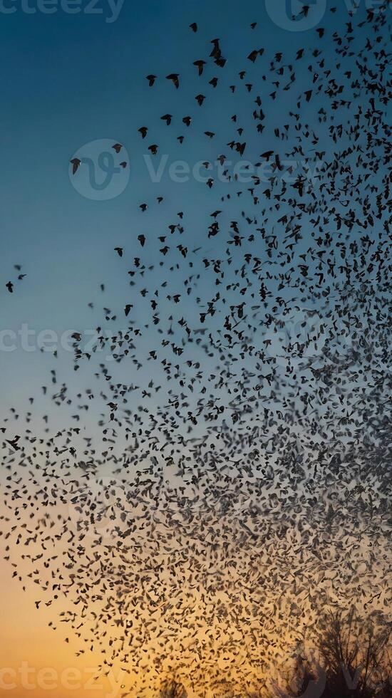 A flock of birds flying in the sky at sunset photo