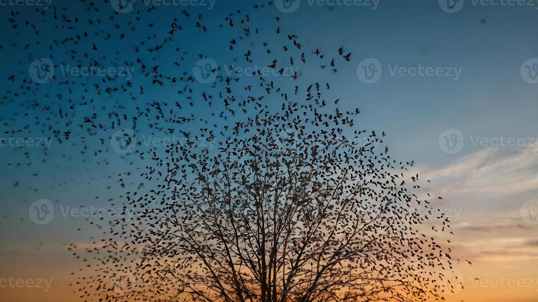 A flock of birds flying over a tree at sunset photo
