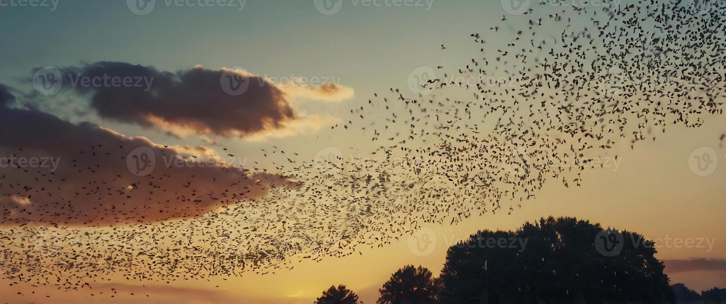 A flock of birds flying in the sky at sunset photo