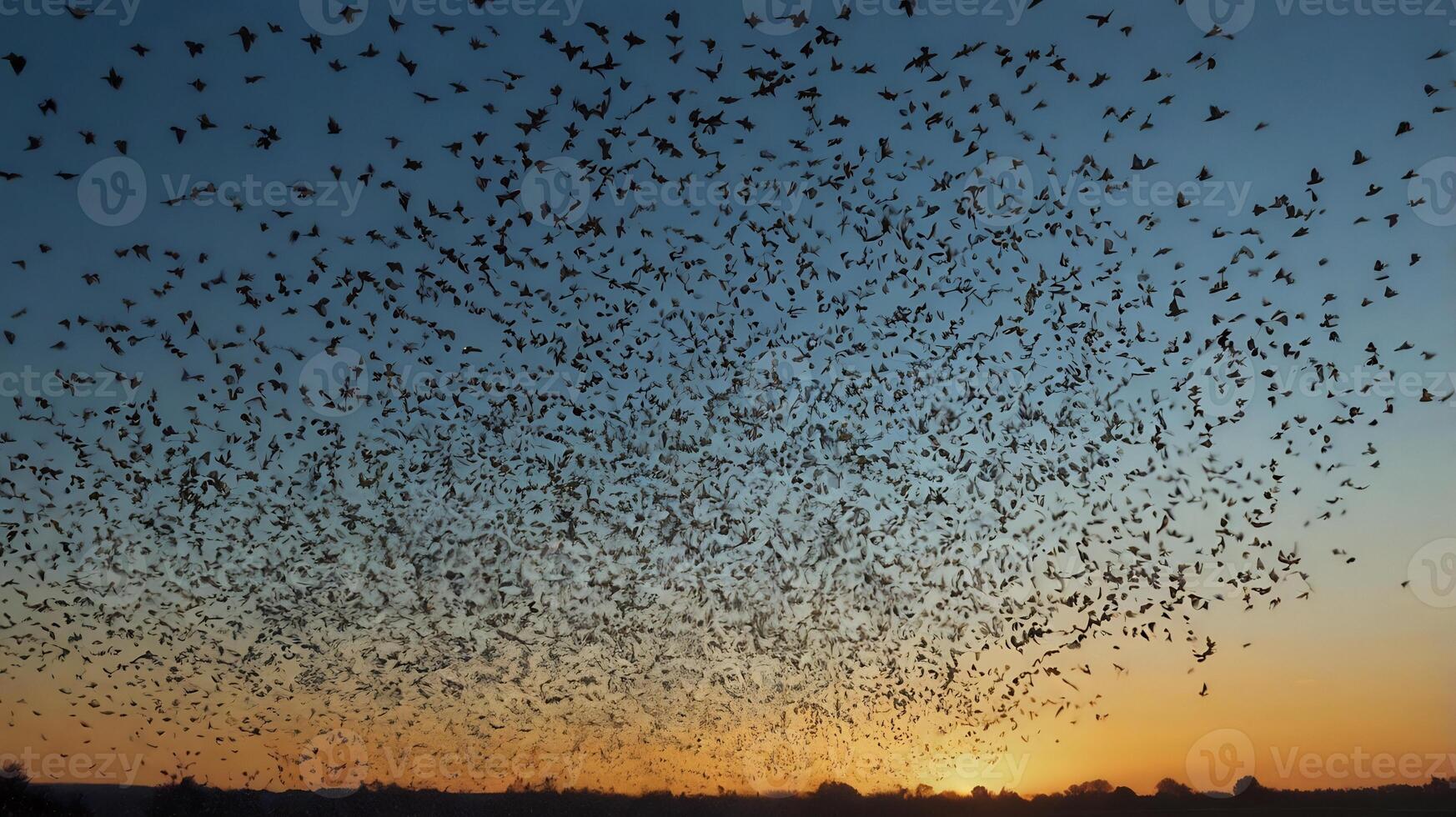 A large flock of bats fly over a field at sunset photo