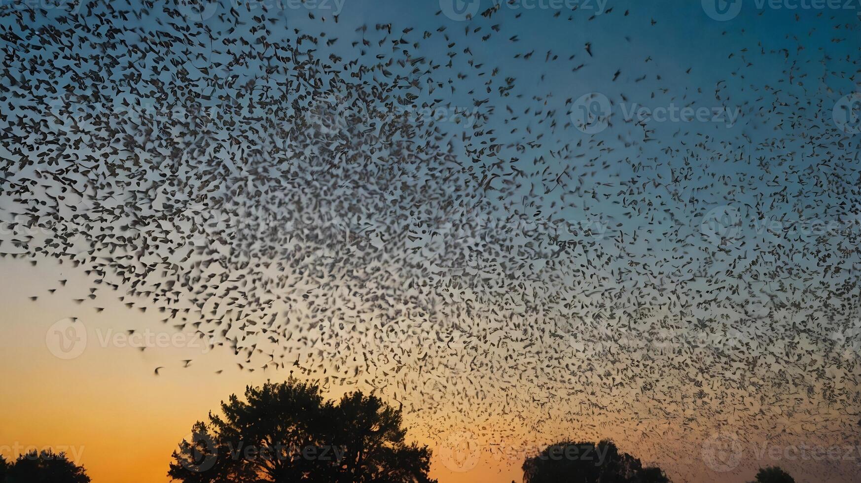 A large flock of bats fly over a field at sunset photo