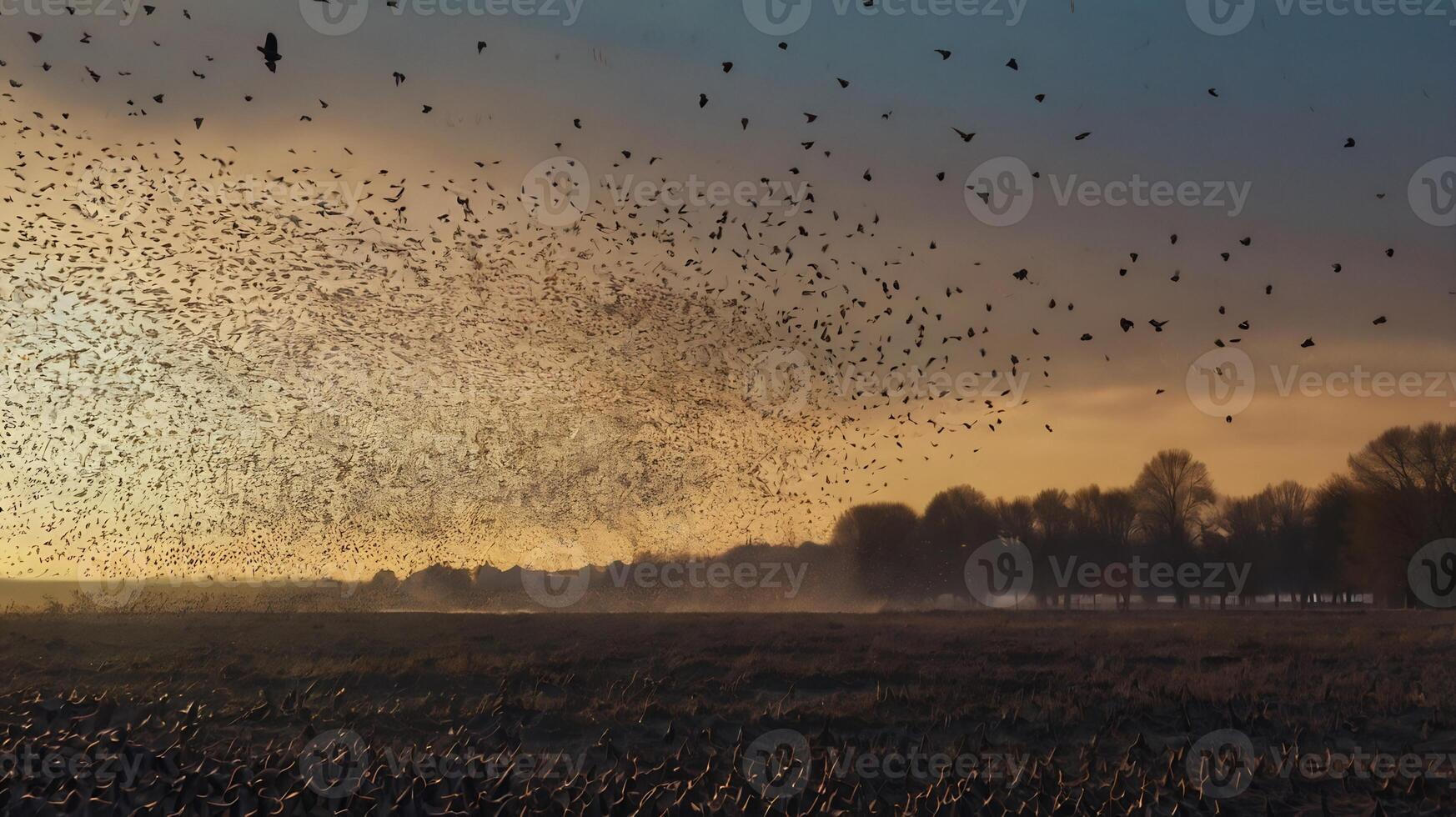 A flock of birds flying over a field photo