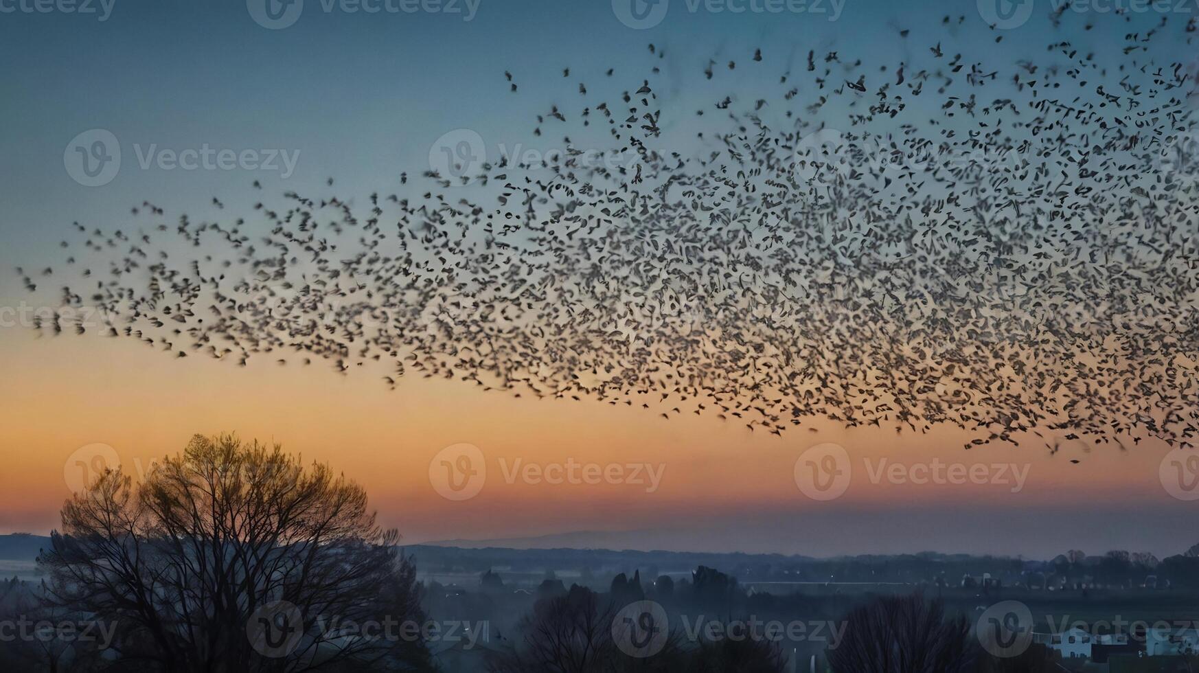 A flock of birds flying over a city at sunset photo