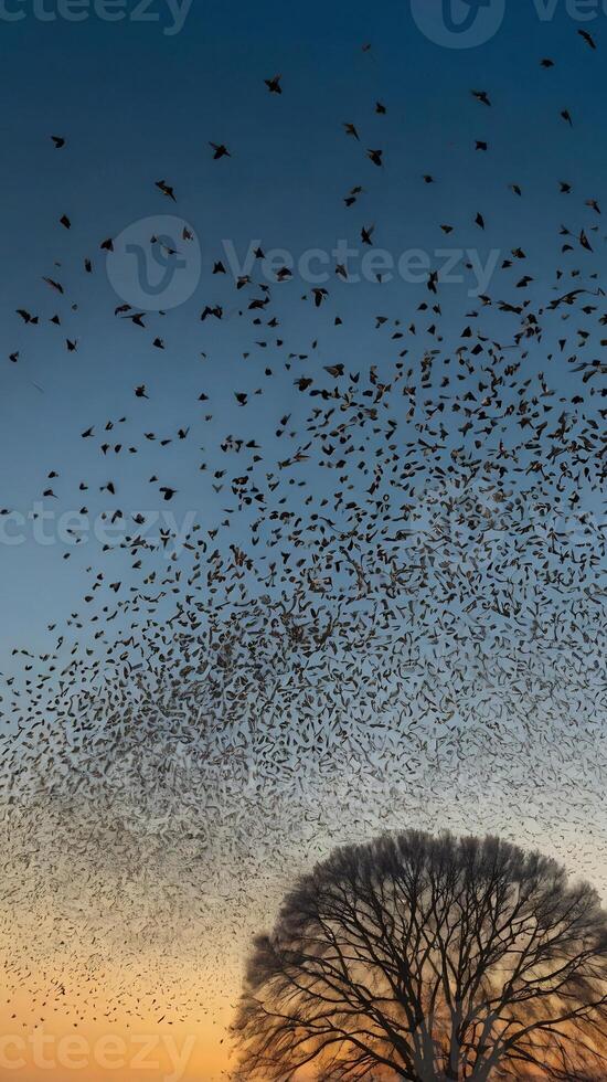 A flock of birds fly over a tree at sunset photo