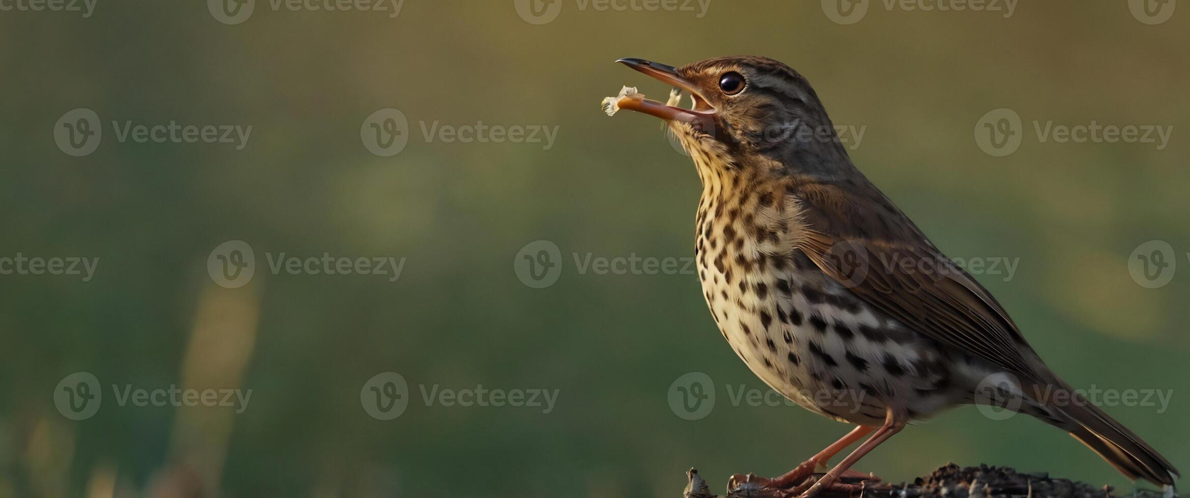 A bird is standing on a stump with its mouth open photo