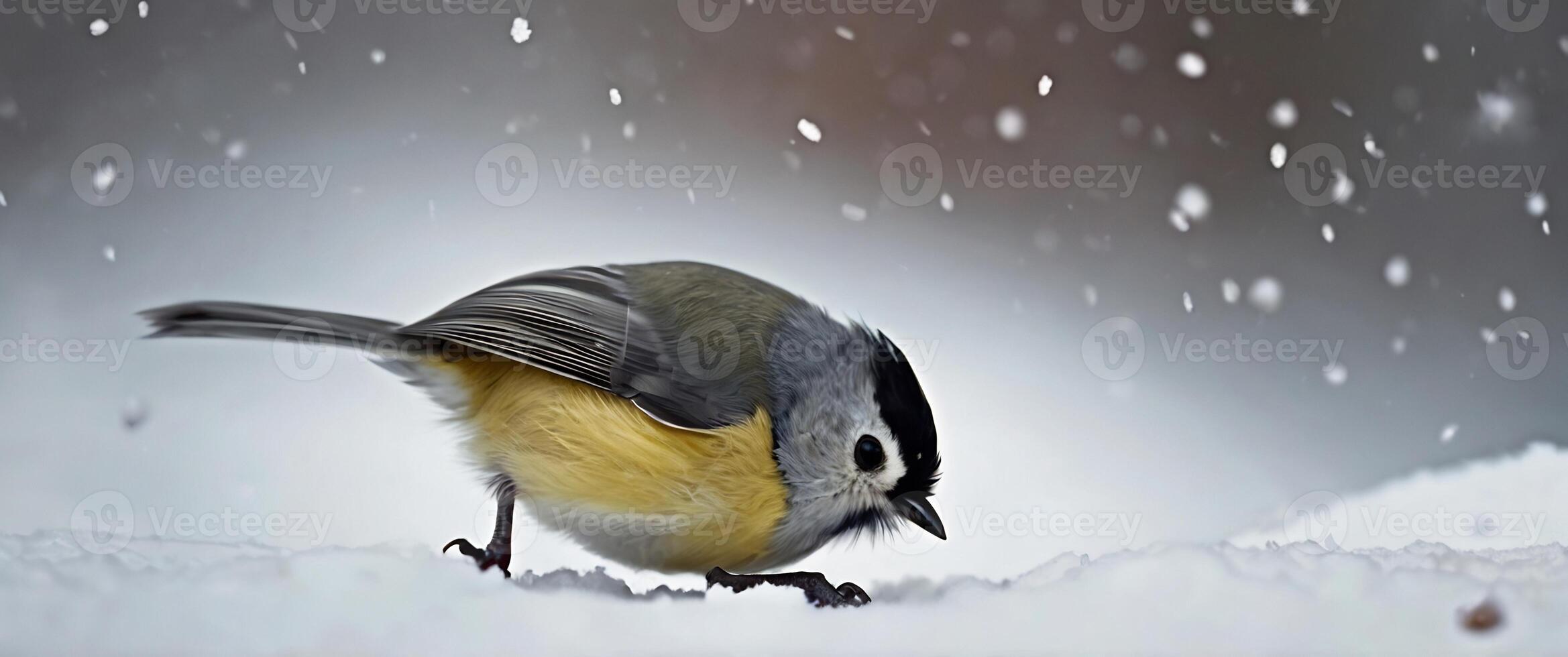 A bird is standing in the snow with snow falling photo