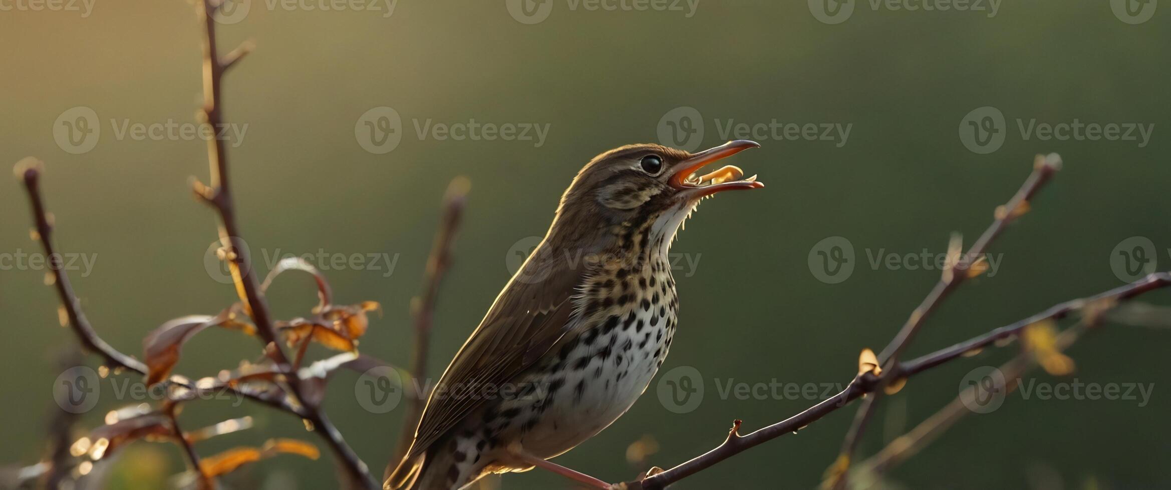 A bird is sitting on a branch with its mouth open photo