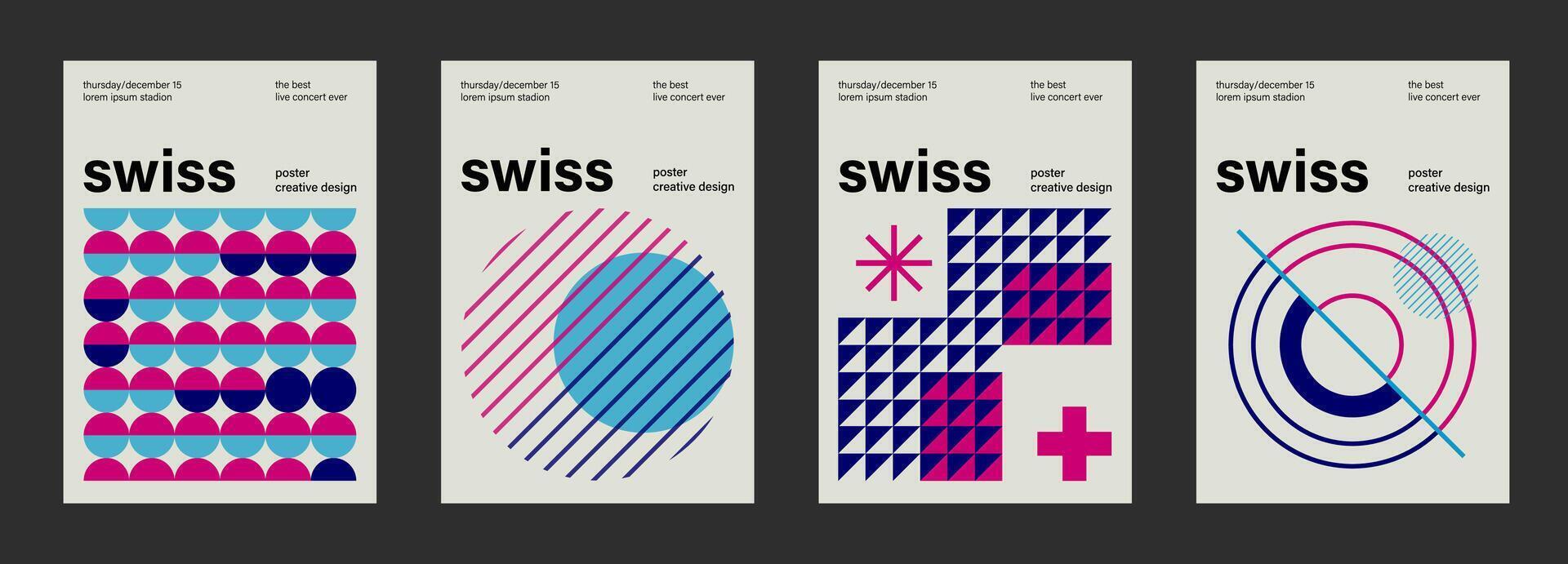 Swiss poster design templates. Abstract retro geometric pattern flyers, magazine covers, banners vector