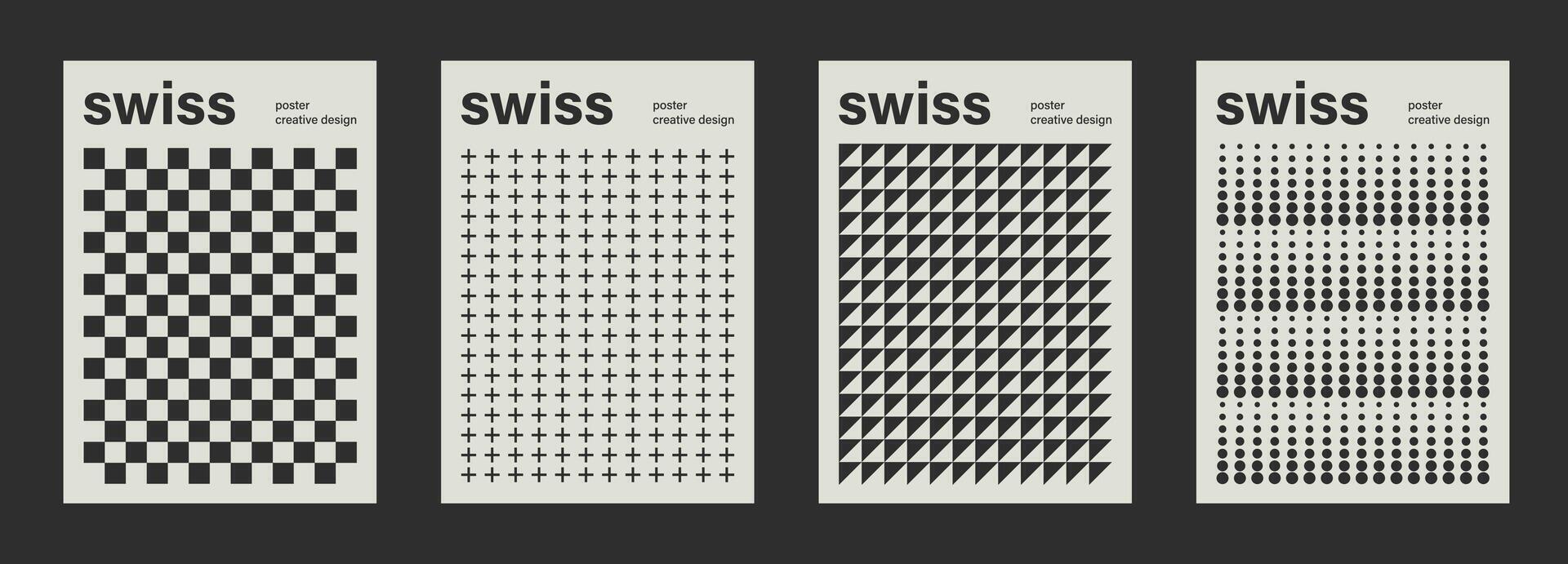 Swiss pattern poster design templates. Abstract retro geometric brutalism flyers, magazine covers, banners vector