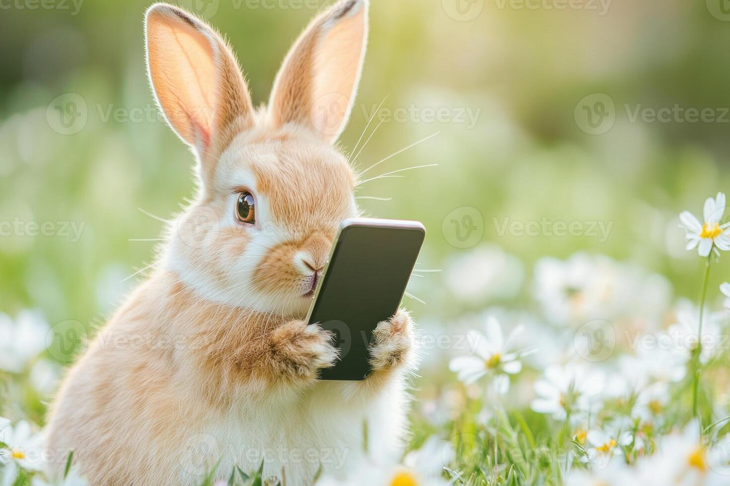 A rabbit takes a selfie with a smartphone in a meadow filled with wildflowers during gentle daylight photo