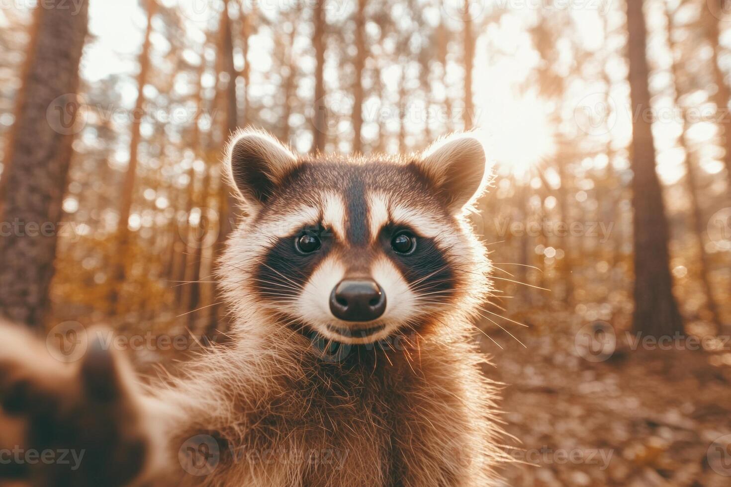 A friendly raccoon takes a selfie in a sunlit forest clearing surrounded by tall trees and lush greenery photo