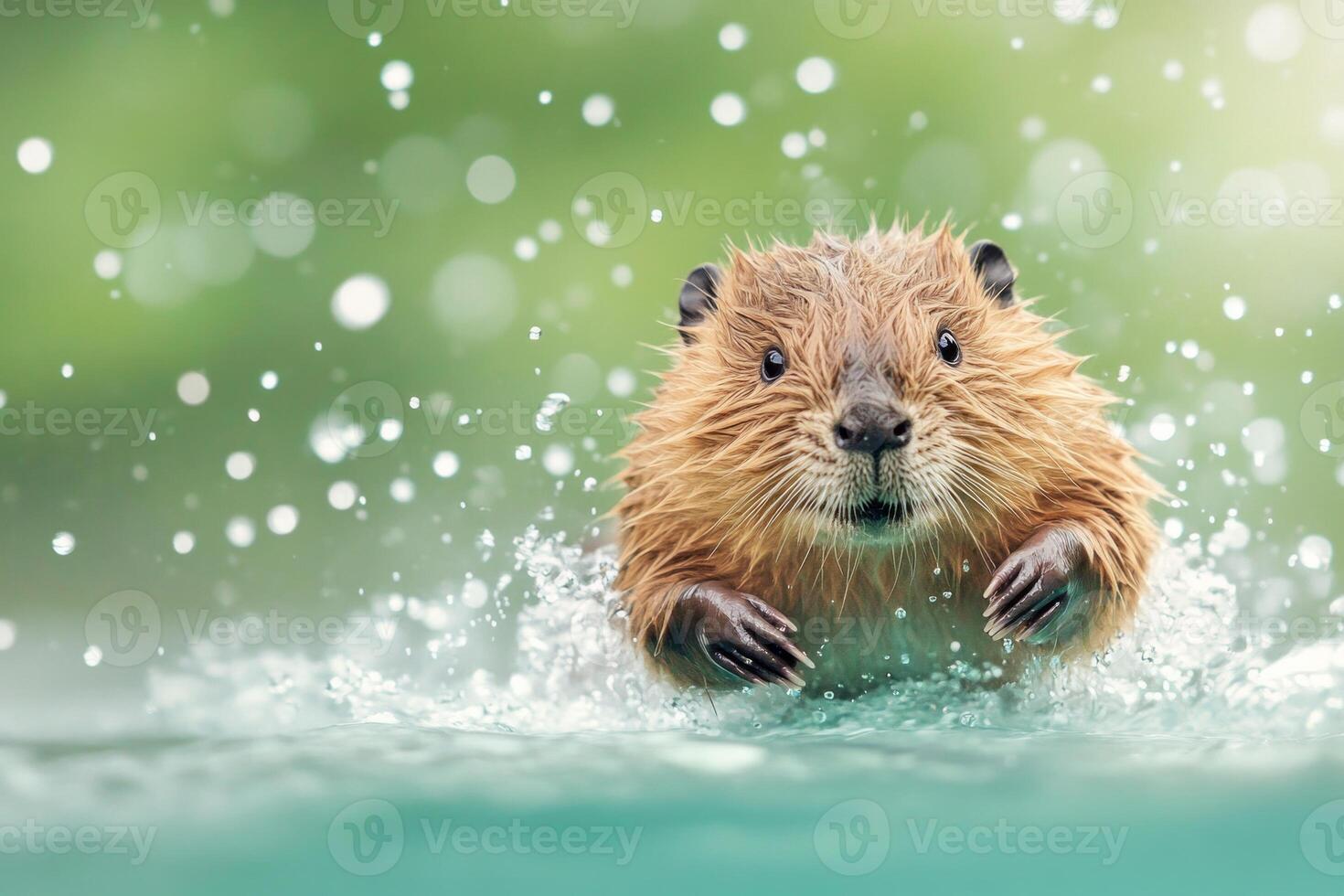 Playful beaver diving underwater with bubbles rising in soft natural daylight photo