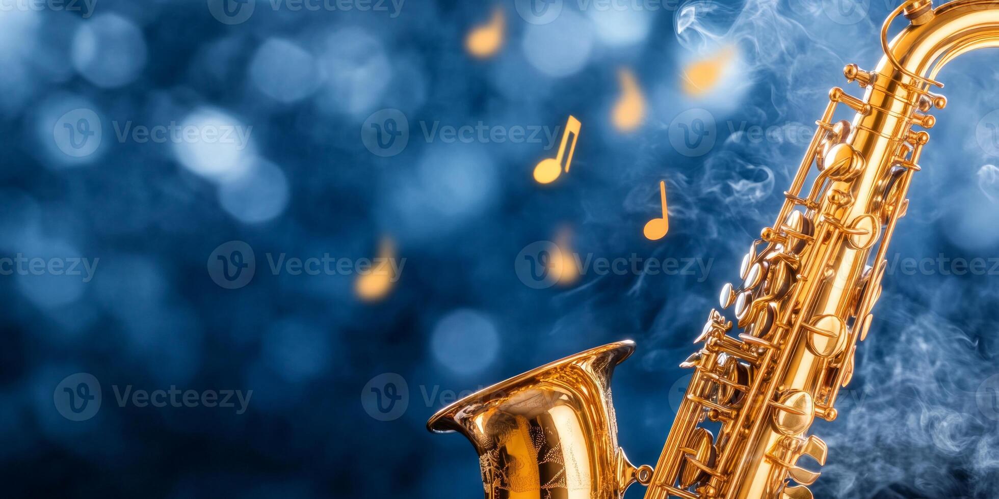 A close-up of a jazz saxophone glowing in golden light against dark blue smoke and floating musical notes photo