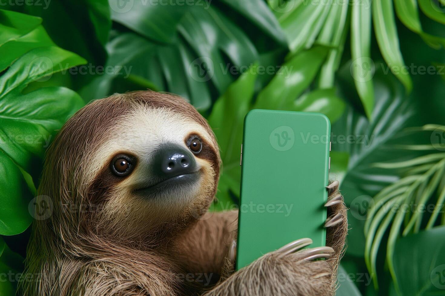 A curious sloth takes a playful selfie among lush green leaves in natural light photo
