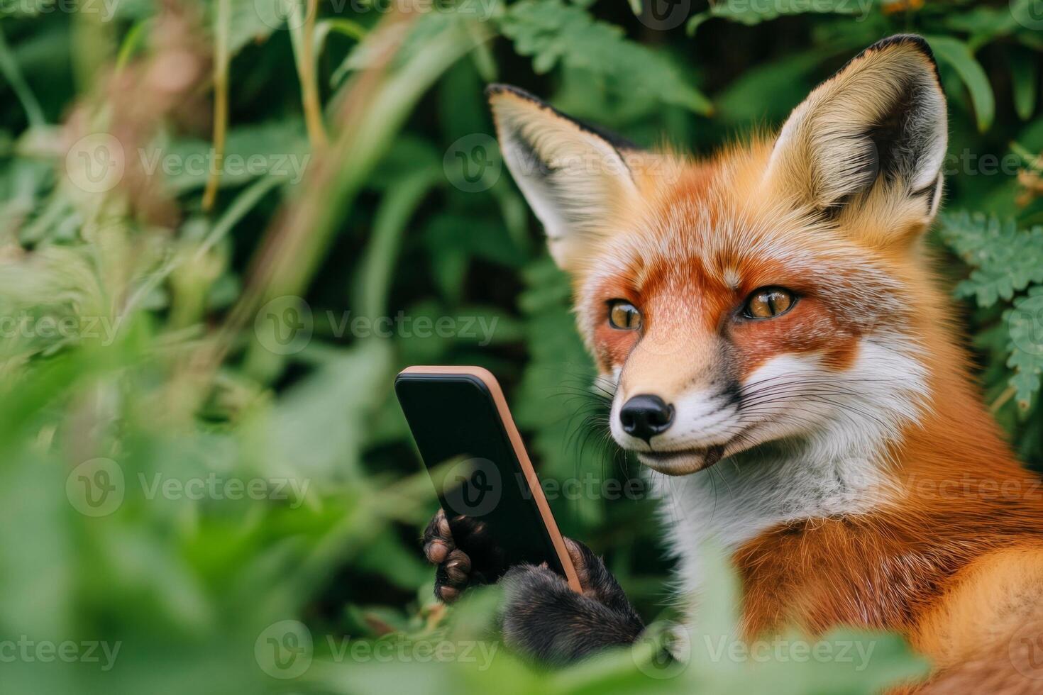 A clever fox taking a selfie in a dense green forest during early morning light photo