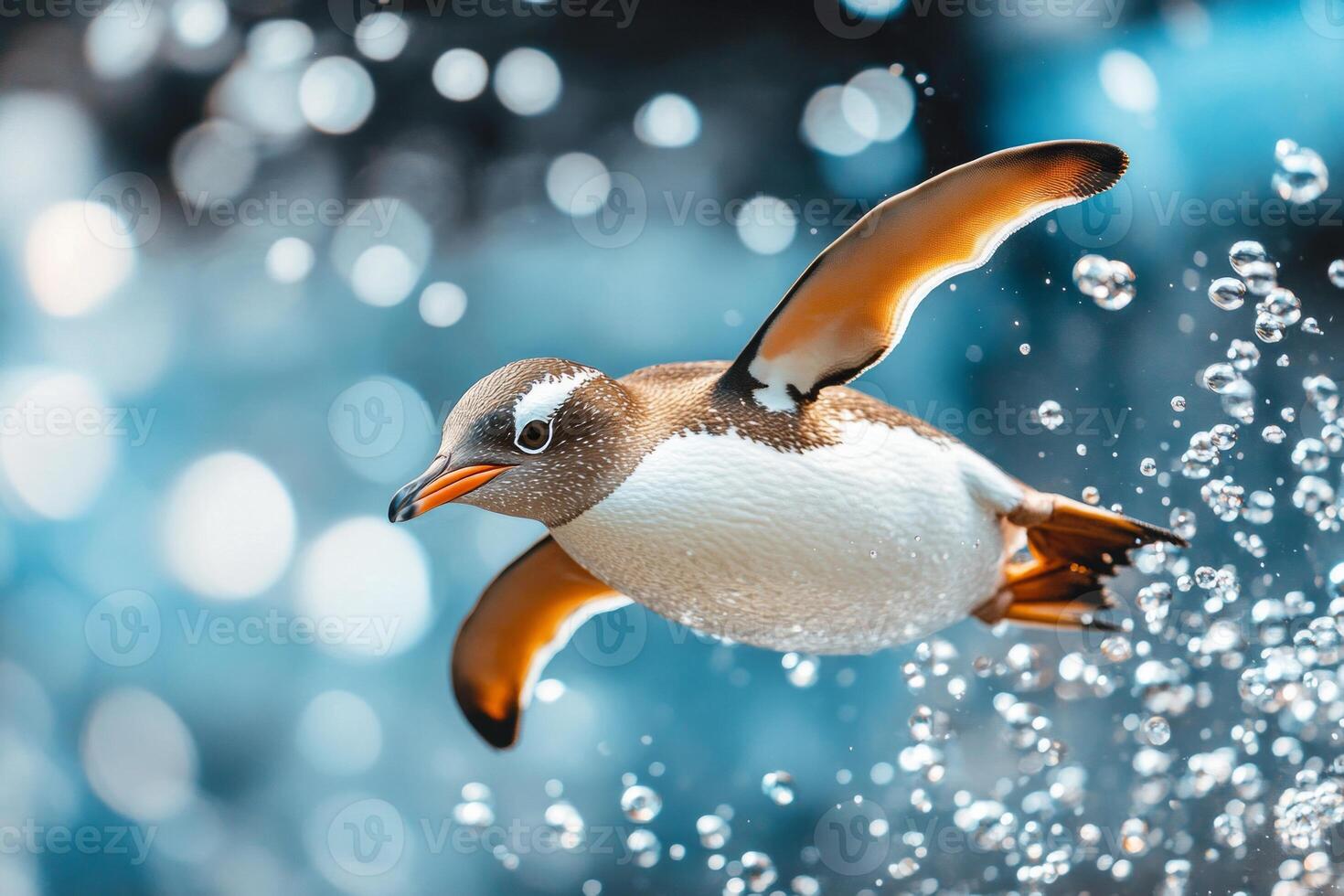 A playful penguin glides gracefully underwater surrounded by bubbles in serene natural light photo