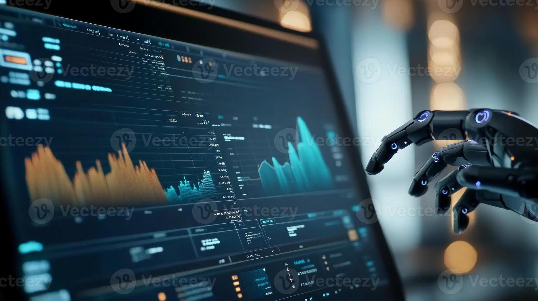 Robotic arm interacting with a digital dashboard for advanced business analytics and data visualization photo