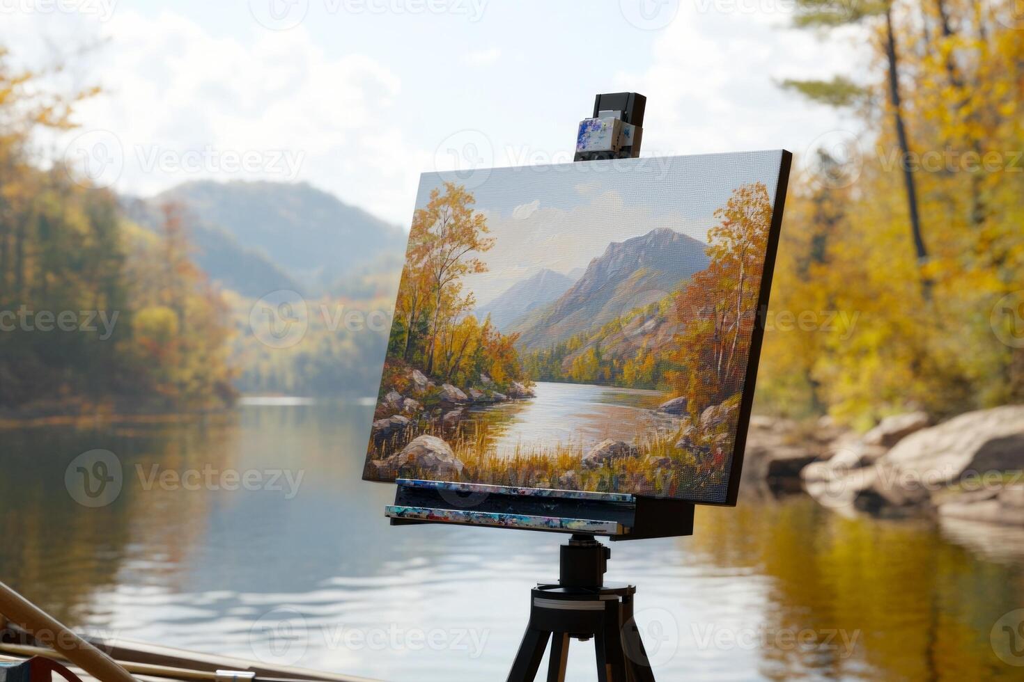A robot artist creating a vibrant landscape painting in a serene outdoor setting with natural lighting photo