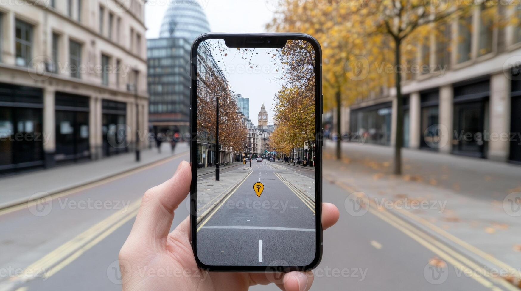 Smartphone displaying augmented reality navigation with interactive city markers in an urban setting photo
