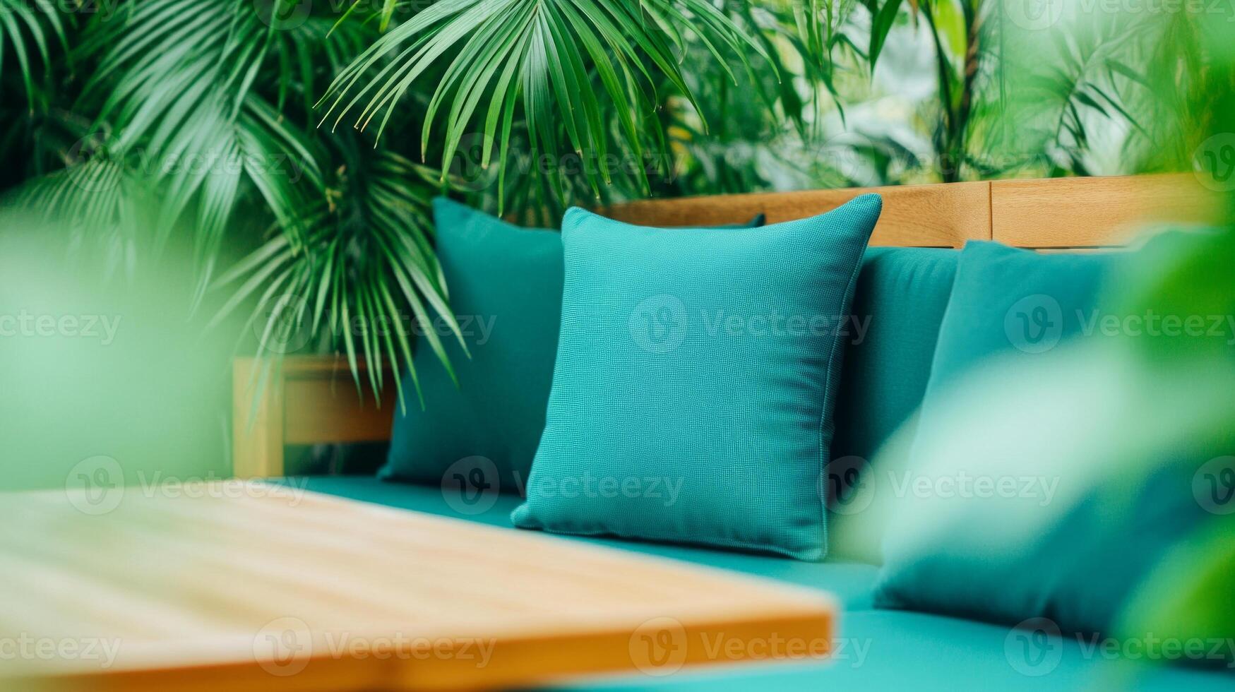 Relaxing outdoor seating area adorned with teal and green cushions surrounded by lush greenery photo