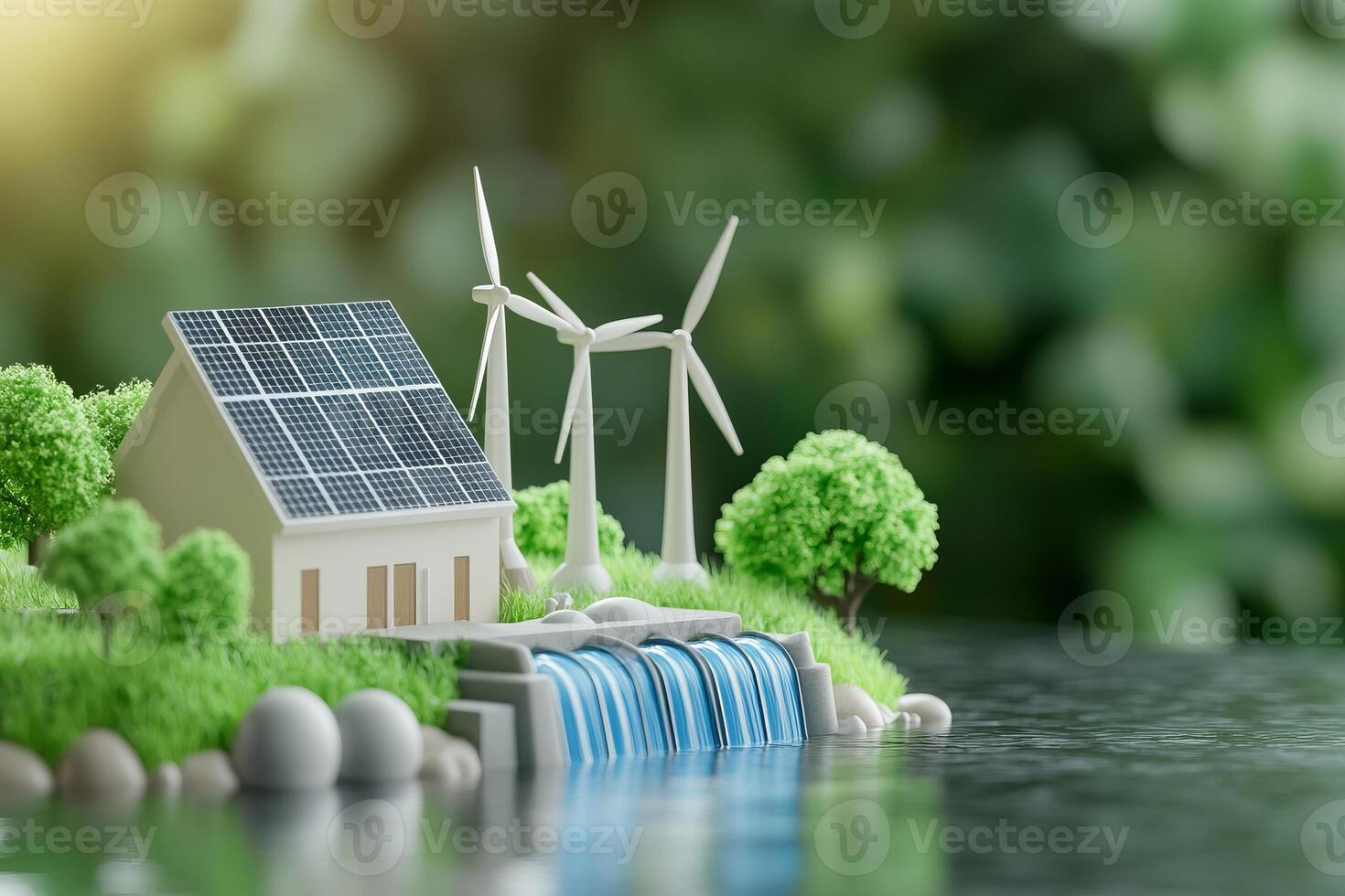 3D infographic highlights renewable energy with wind turbines, solar panels, and hydro power solutions photo