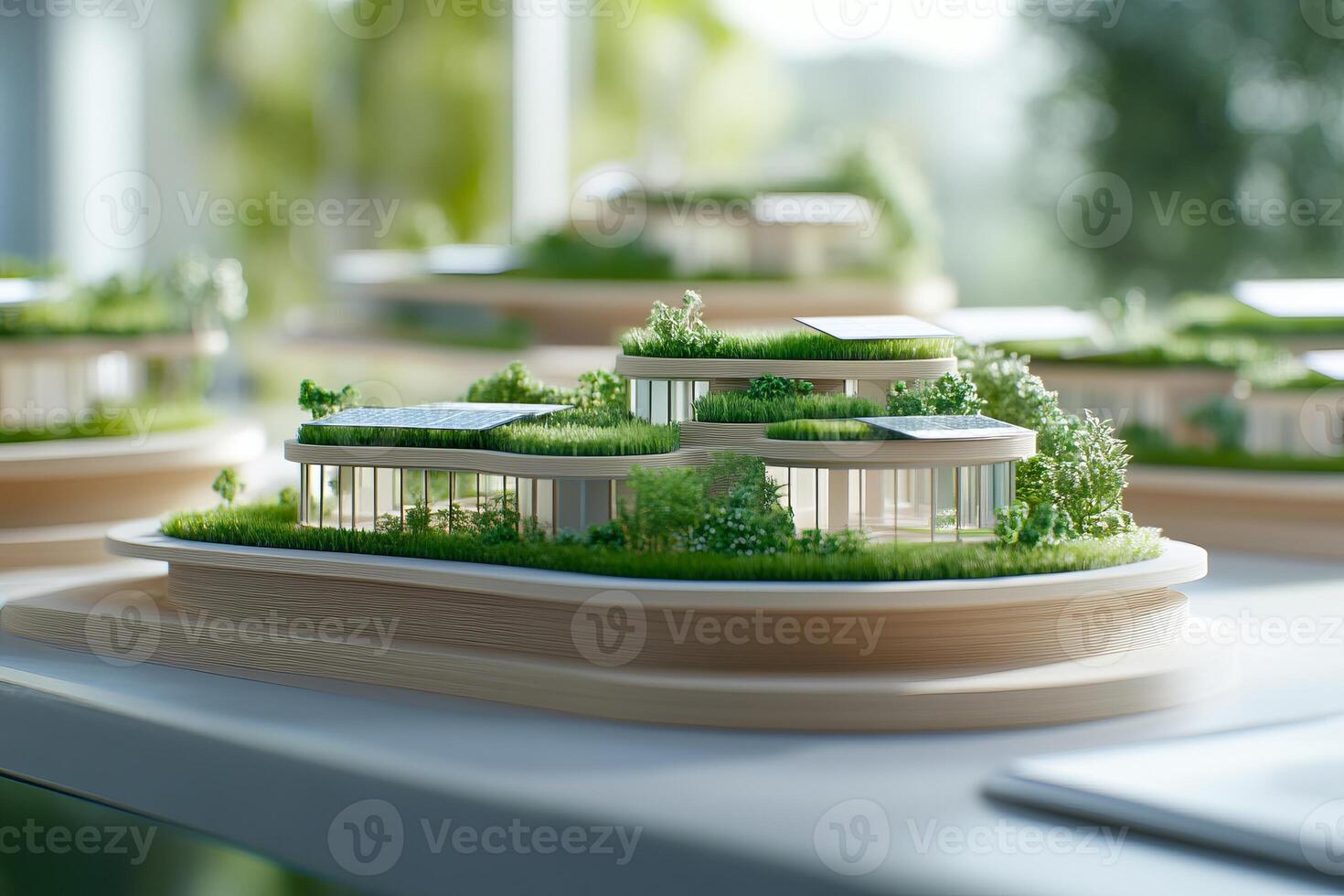 Sustainable architectural design workspace featuring eco-friendly building blueprints and green technology layouts photo