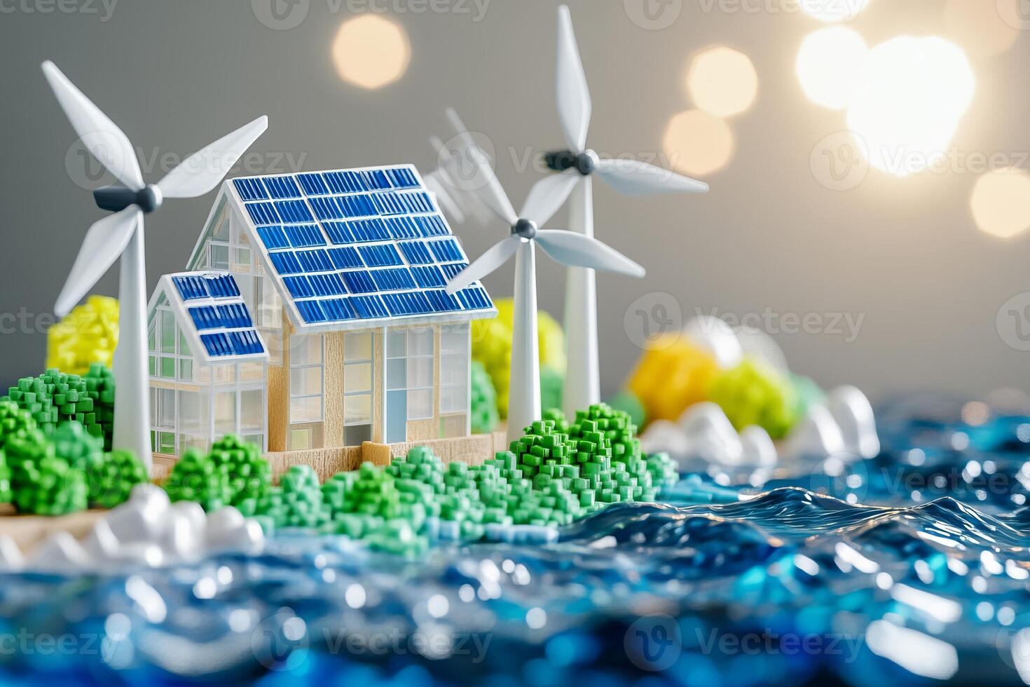 A colorful 3D infographic showcasing renewable energy sources with wind turbines, solar panels, and water features photo