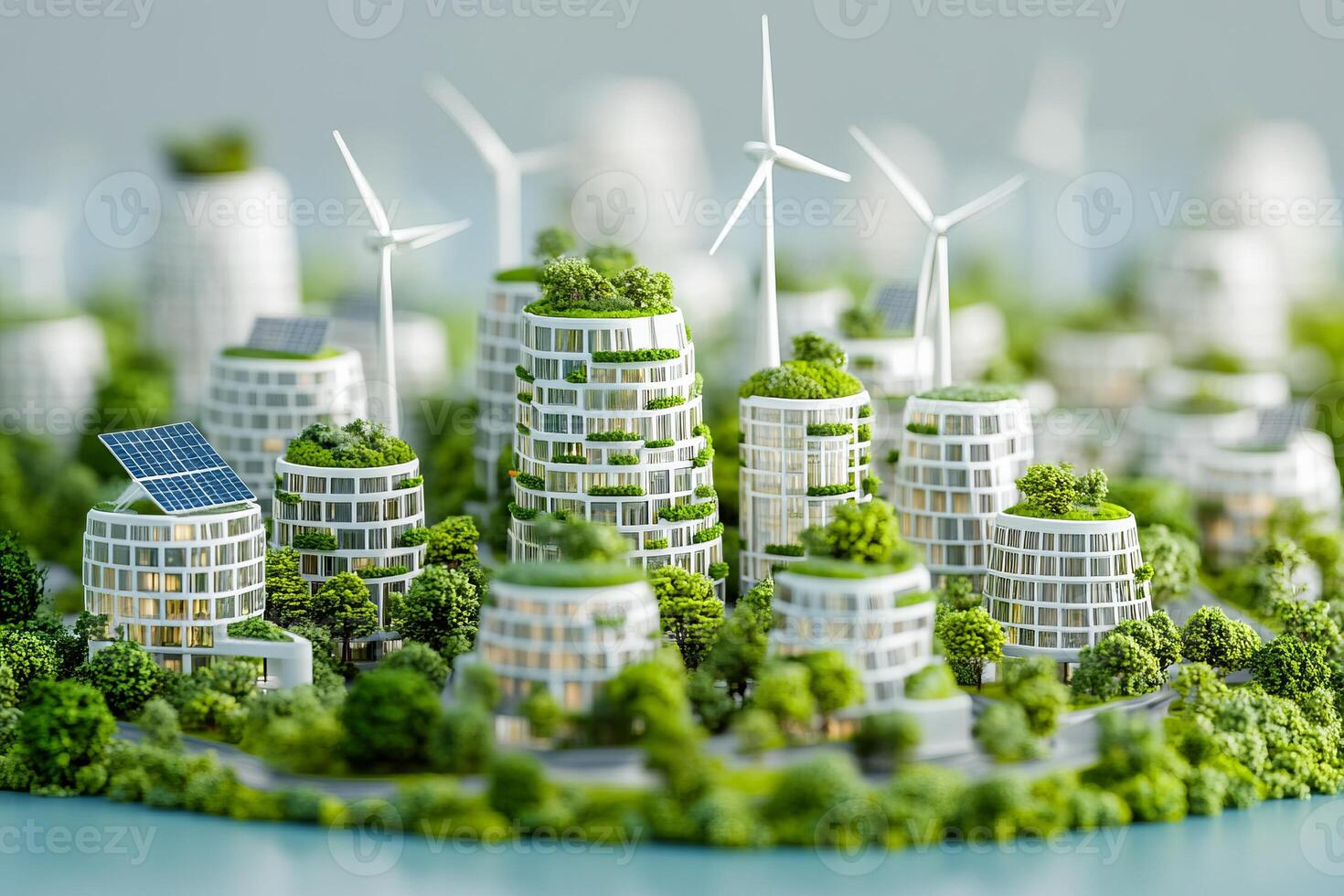 Futuristic eco-city model showcasing sustainable urban design with gardens, solar panels, and wind turbines photo
