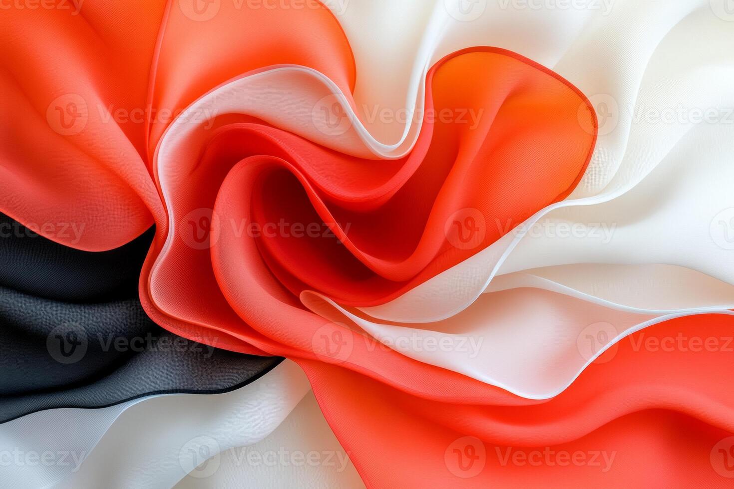 Vibrant fluid waves of red, white, and black creating a soft, layered texture reminiscent of fabric or liquid photo