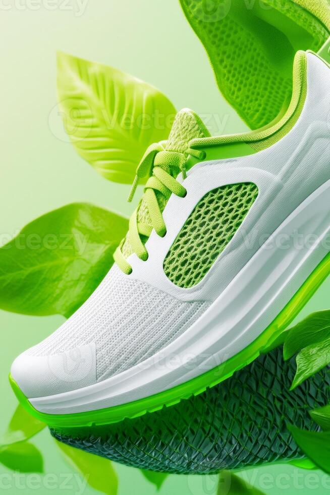 Close-up view of a futuristic eco-friendly sneaker made from recycled materials against a soft green background photo