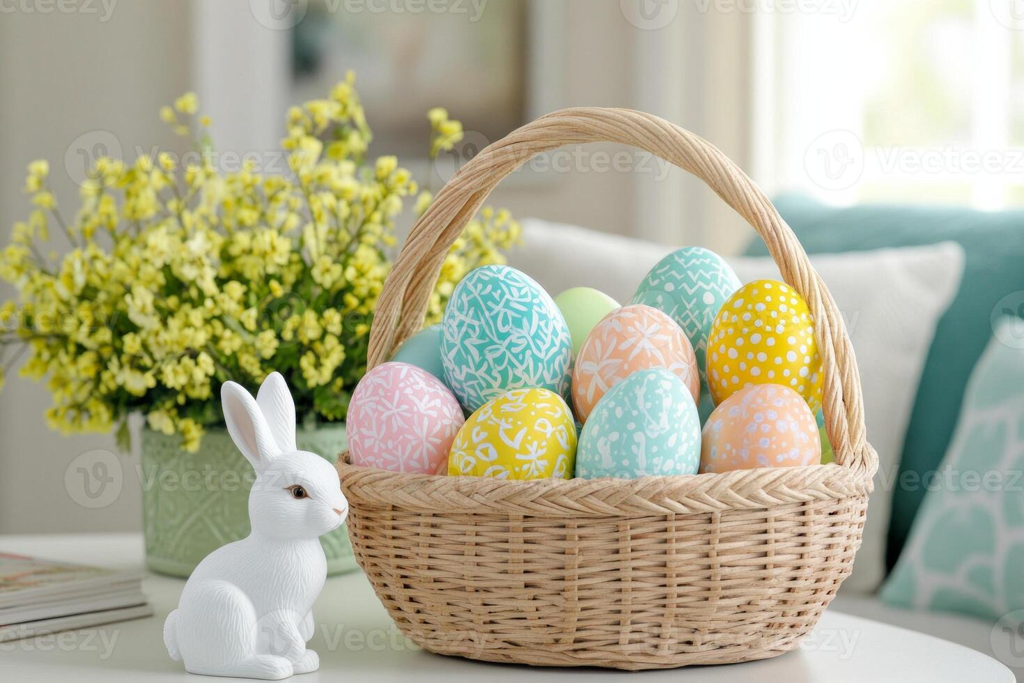 Colorful hand-painted Easter eggs nestled in a wicker basket with a decorative bunny figure and spring blooms photo
