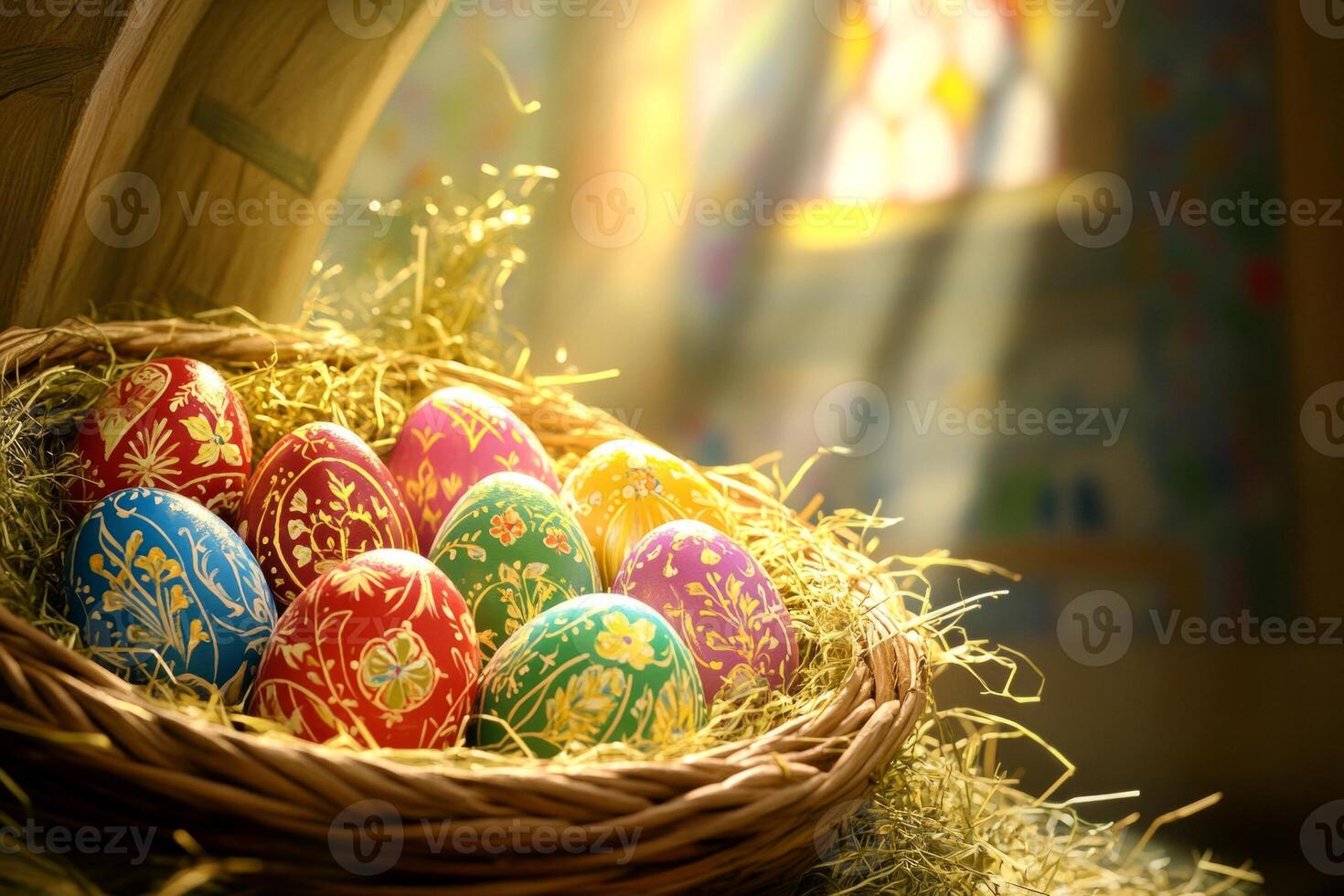 Golden-lit Easter celebration with a wicker basket full of painted eggs and soft hay photo