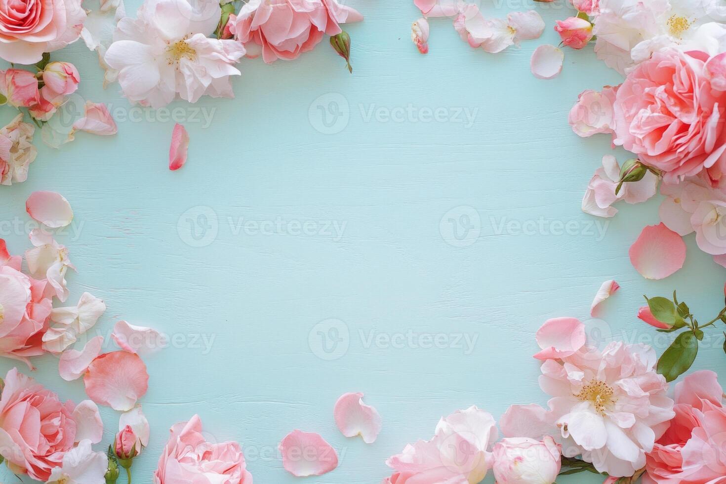 Elegant wedding invitation flatlay with pink roses and petals on a pastel blue background photo