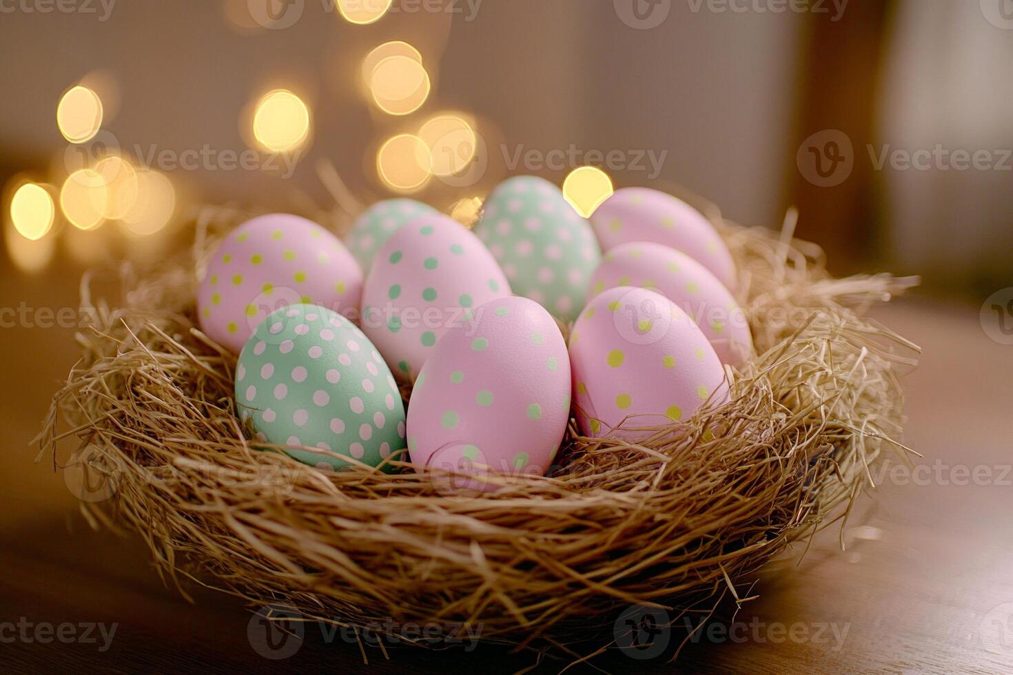 Colorful Easter eggs with pastel patterns nestled in a hay-filled basket on a wooden table under warm lighting photo