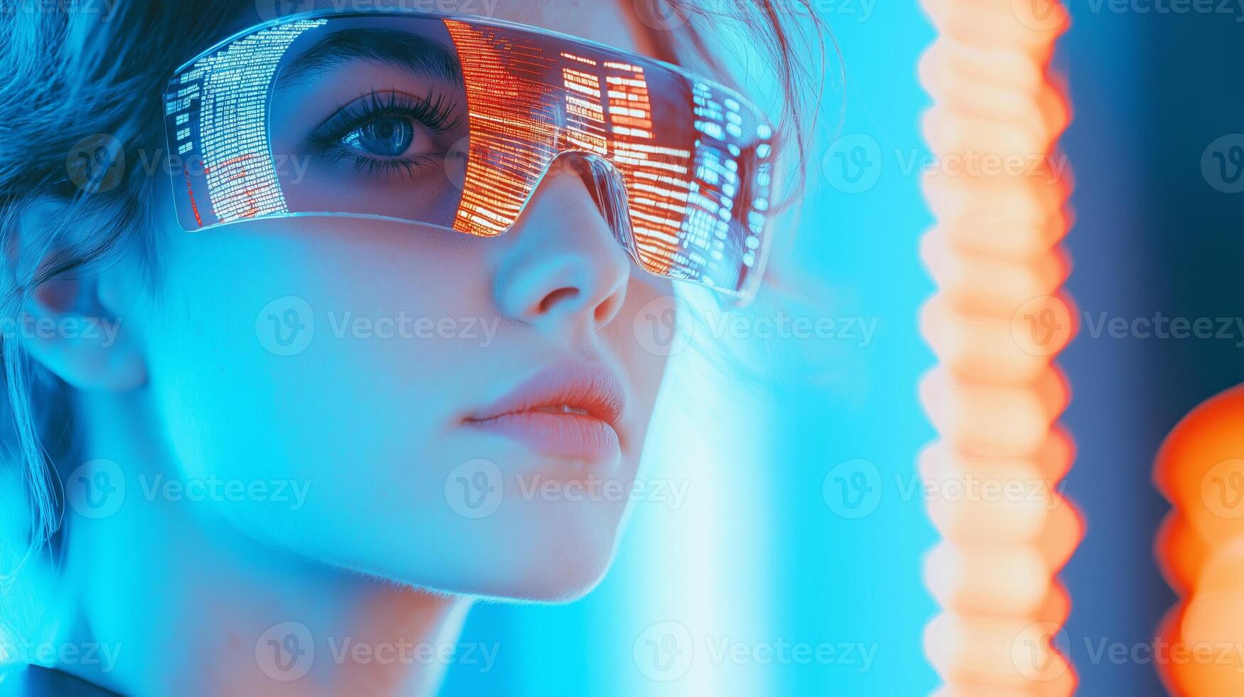 Engineer wearing augmented reality glasses examines holographic data and industrial schematics in a futuristic workspace photo