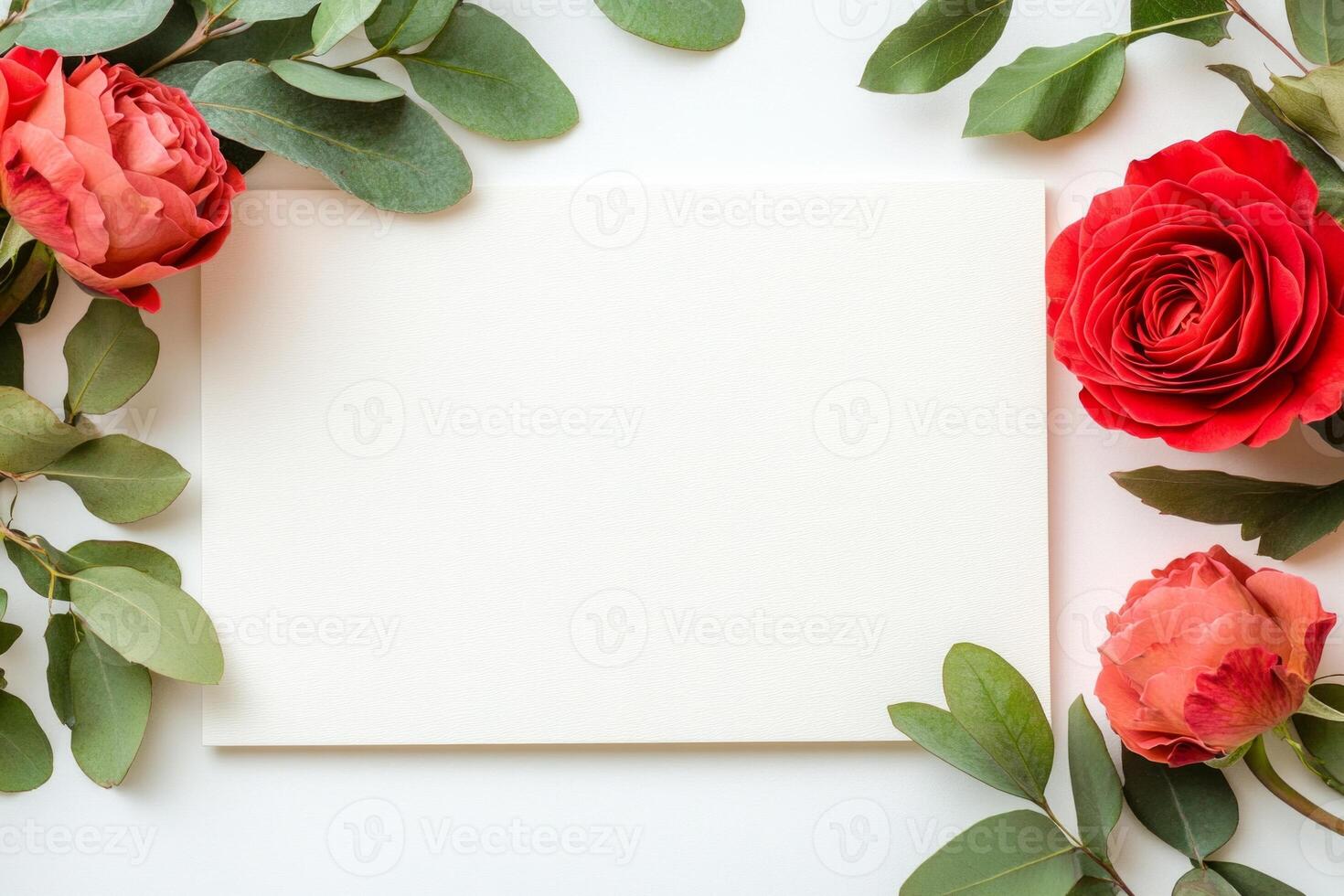 Elegant modern wedding invitation frame adorned with red roses on white background for romantic celebrations photo