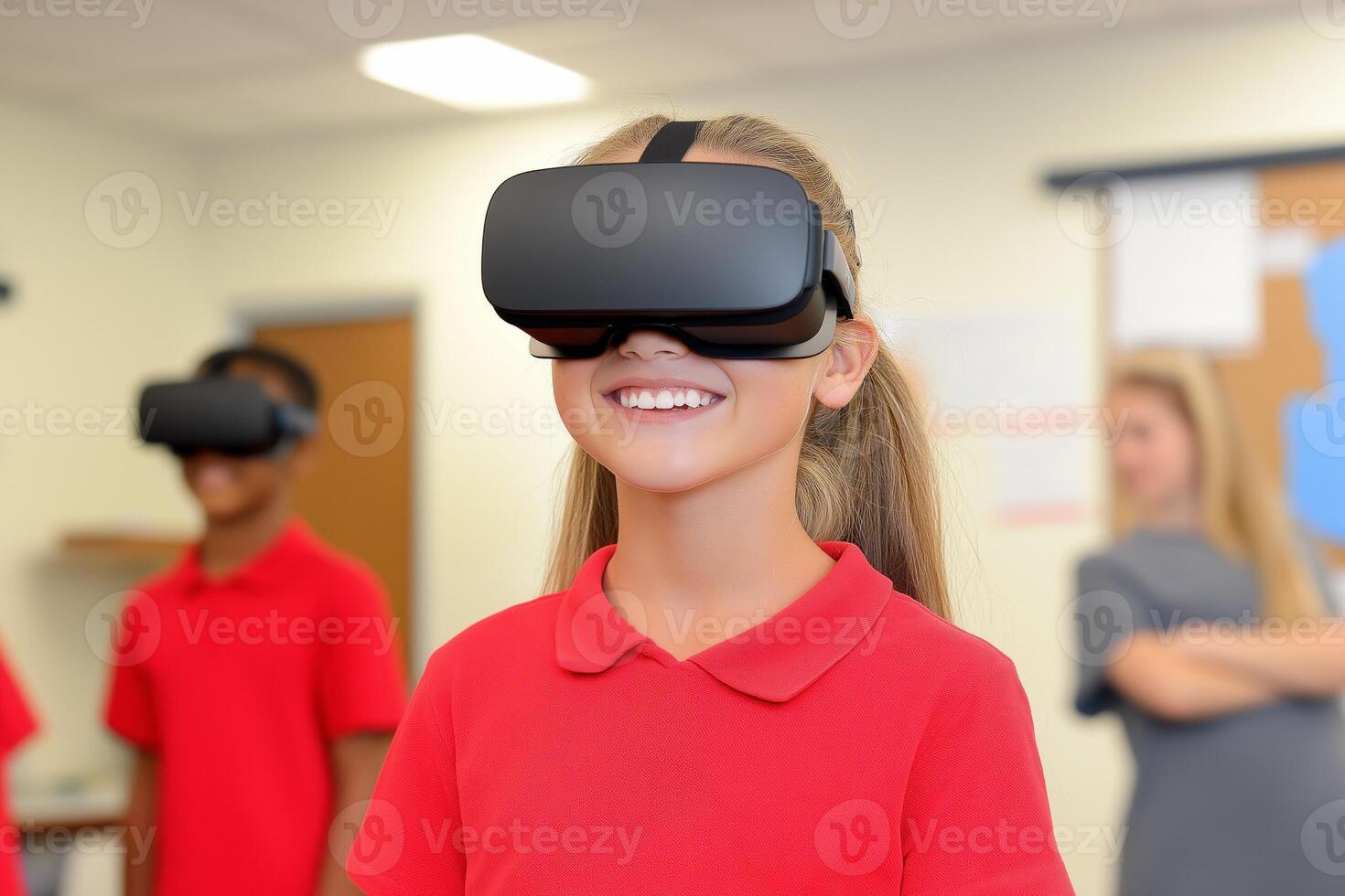 Students engage in virtual reality exploration in a modern classroom setting photo