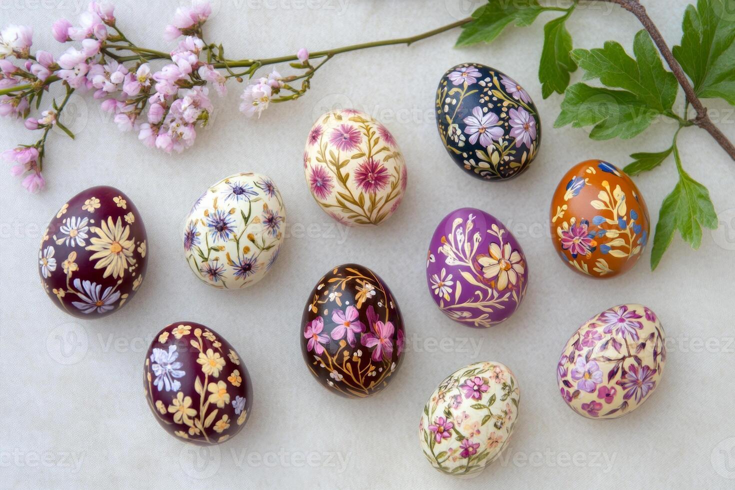 Artisan Easter eggs adorned with wildflower designs alongside delicate spring branches photo