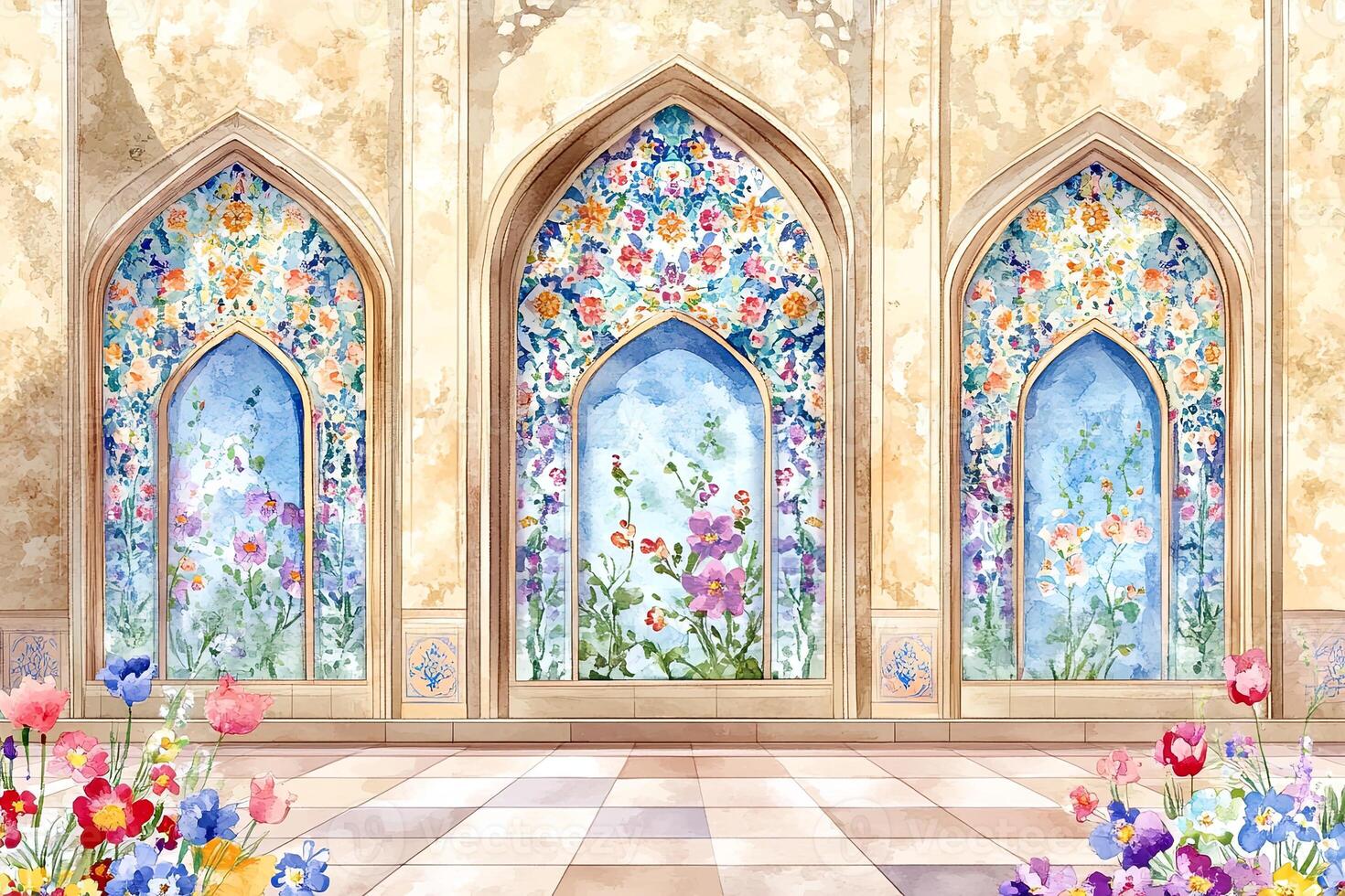Colorful Mughal palace archway with symmetrical floral patterns, showcasing Indian royal architecture photo